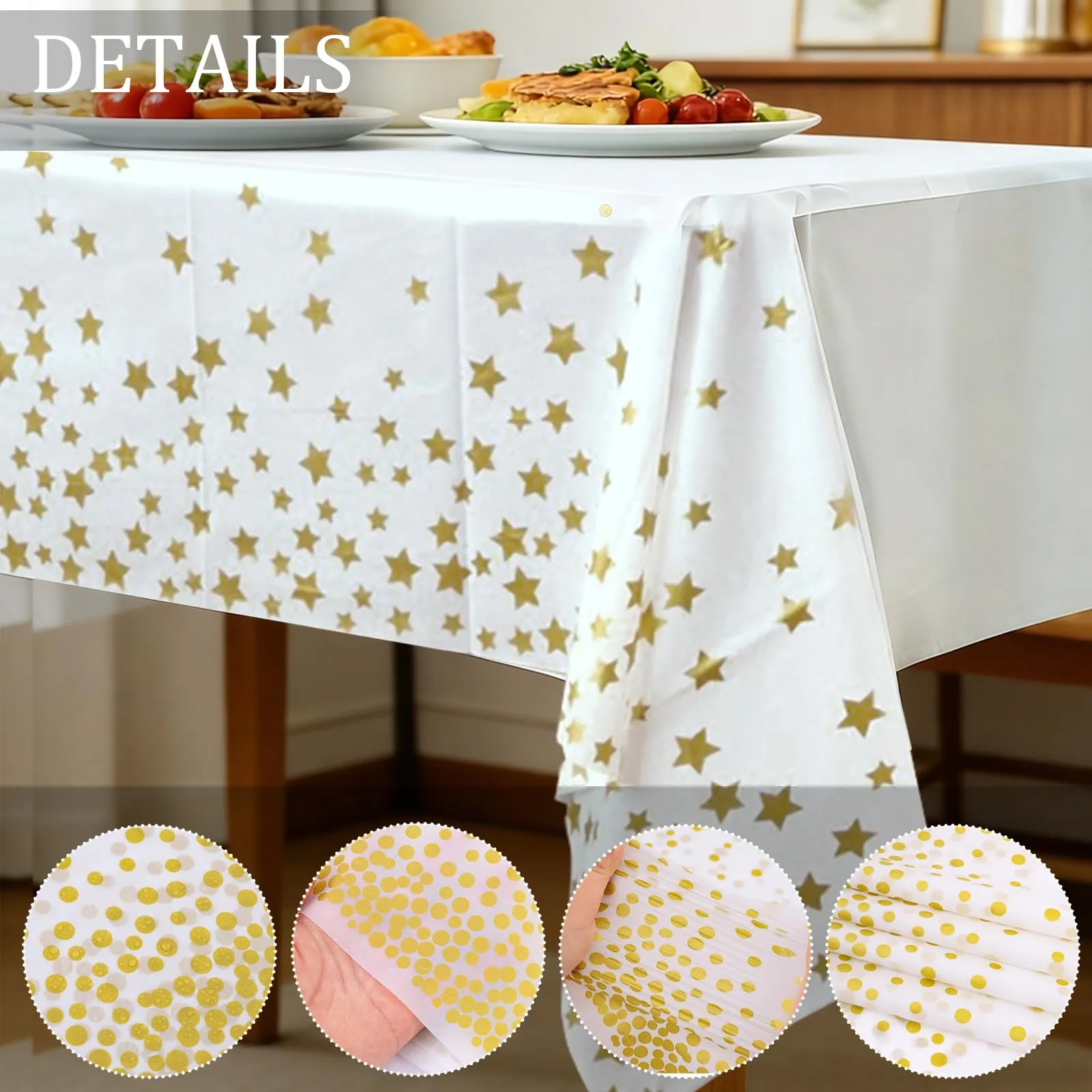 YAAVAAW Tovaglie in plastica bianche con stelle dorate, 137 x 274 cm, usa e getta, confezione da 4 - immagine 3