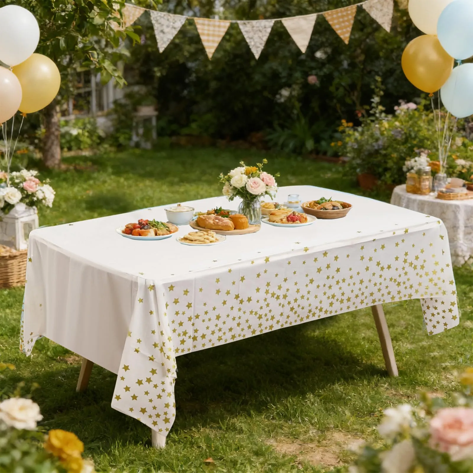 YAAVAAW Tovaglie in plastica bianche con stelle dorate, 137 x 274 cm, usa e getta, confezione da 4 - immagine 6