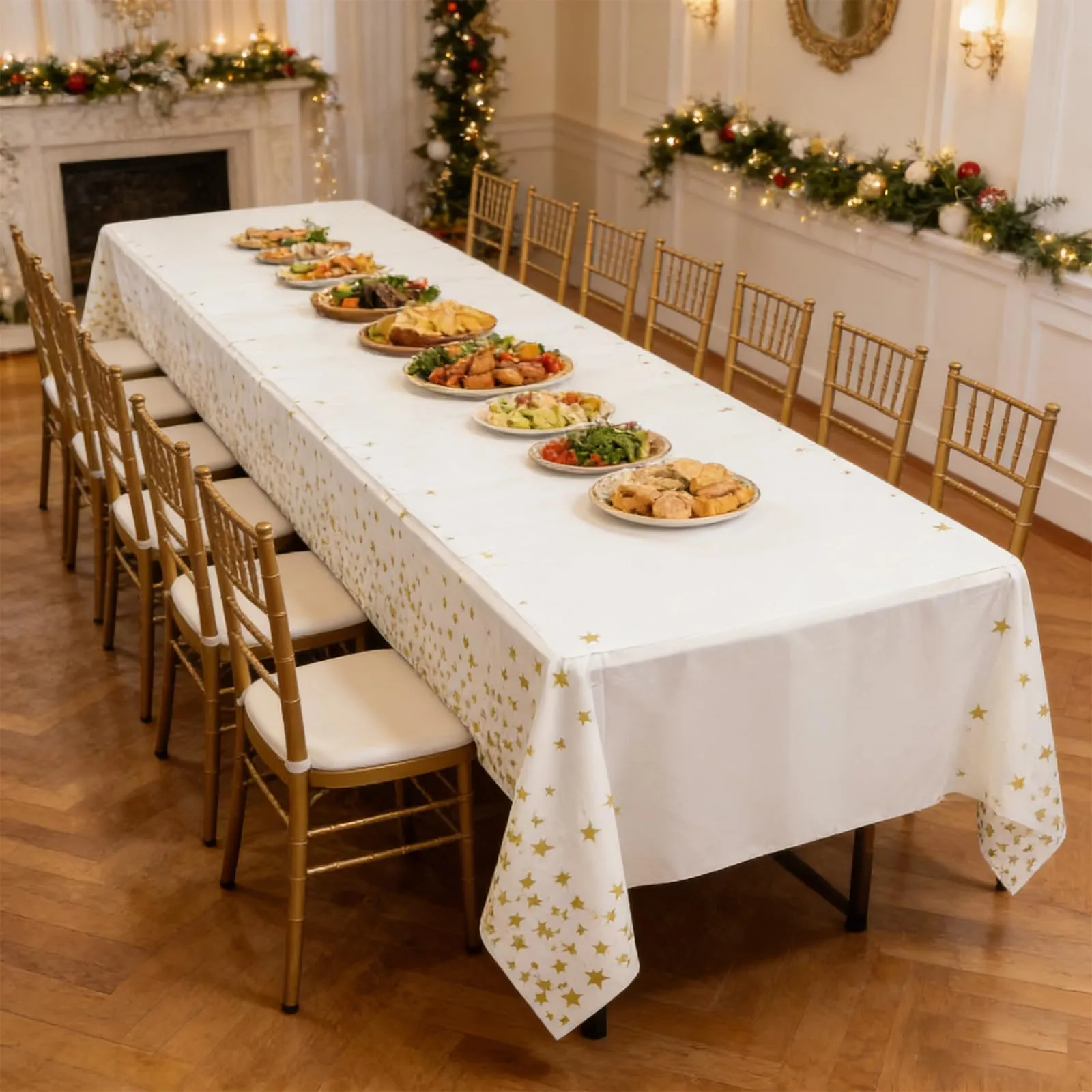 YAAVAAW Tovaglie in plastica bianche con stelle dorate, 137 x 274 cm, usa e getta, confezione da 4 - immagine 7