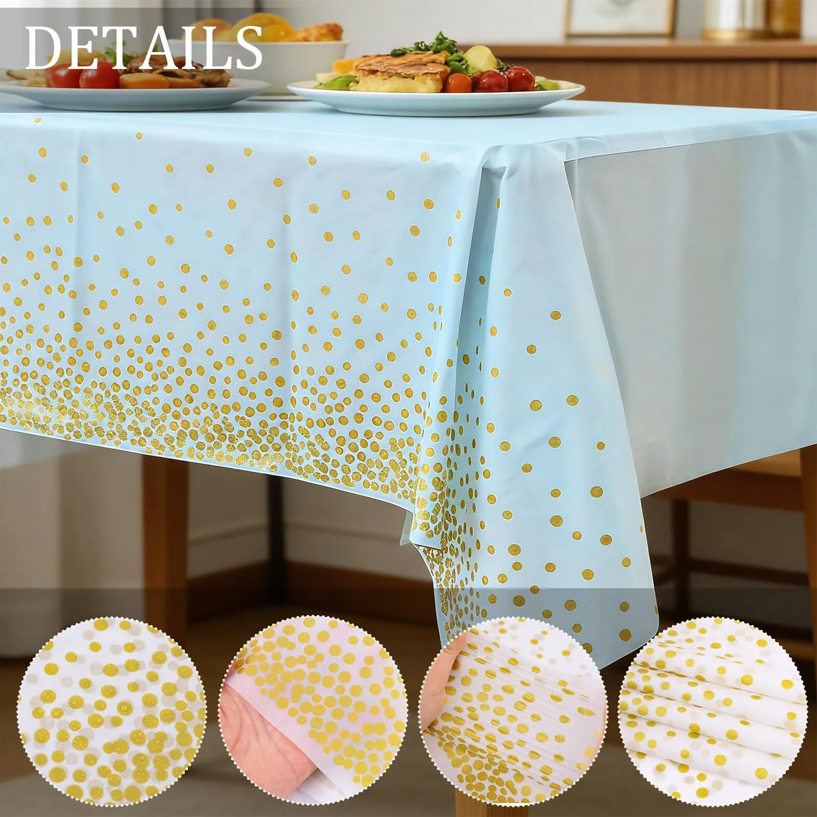 YAAVAAW Tovaglie in plastica a pois blu e oro per tavoli rettangolari, 137 x 274 cm, confezione da 4 pezzi - immagine 3