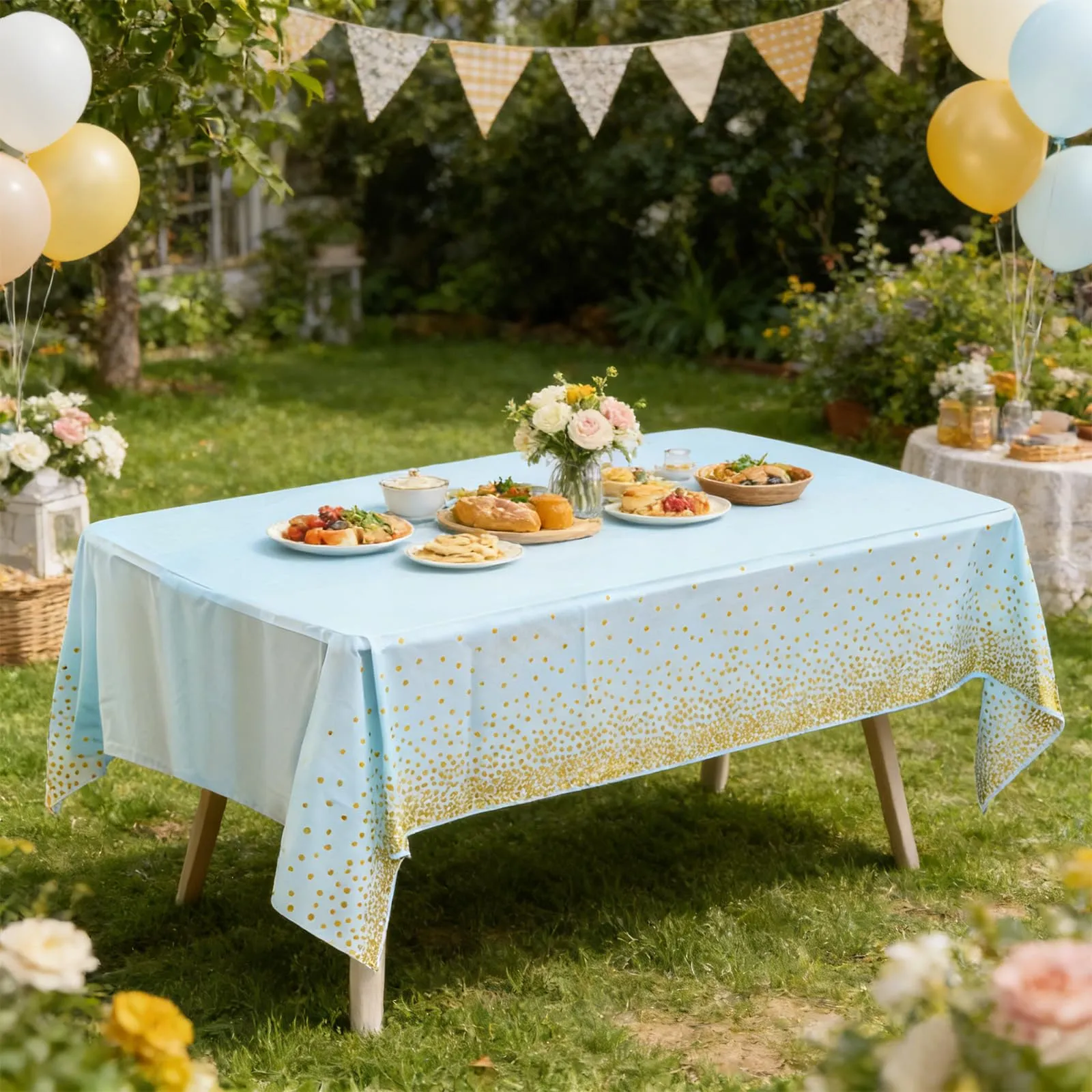 YAAVAAW Tovaglie in plastica a pois blu e oro per tavoli rettangolari, 137 x 274 cm, confezione da 4 pezzi - immagine 6