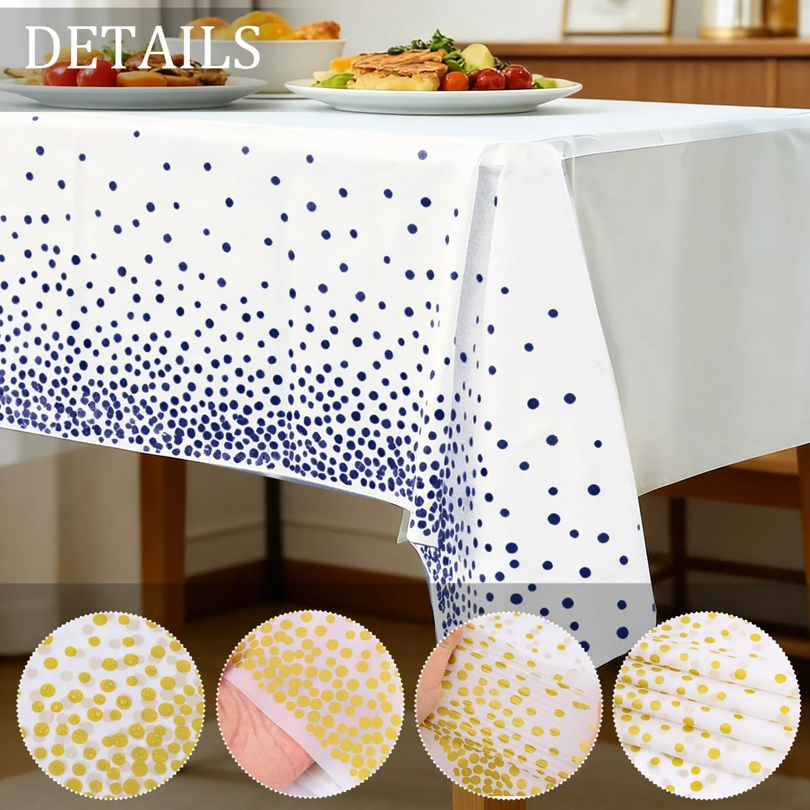 YAAVAAW Tovaglie in Plastica a Pois Bianchi e Blu, 137 x 274 cm, Confezione da 4 pezzi - immagine 3