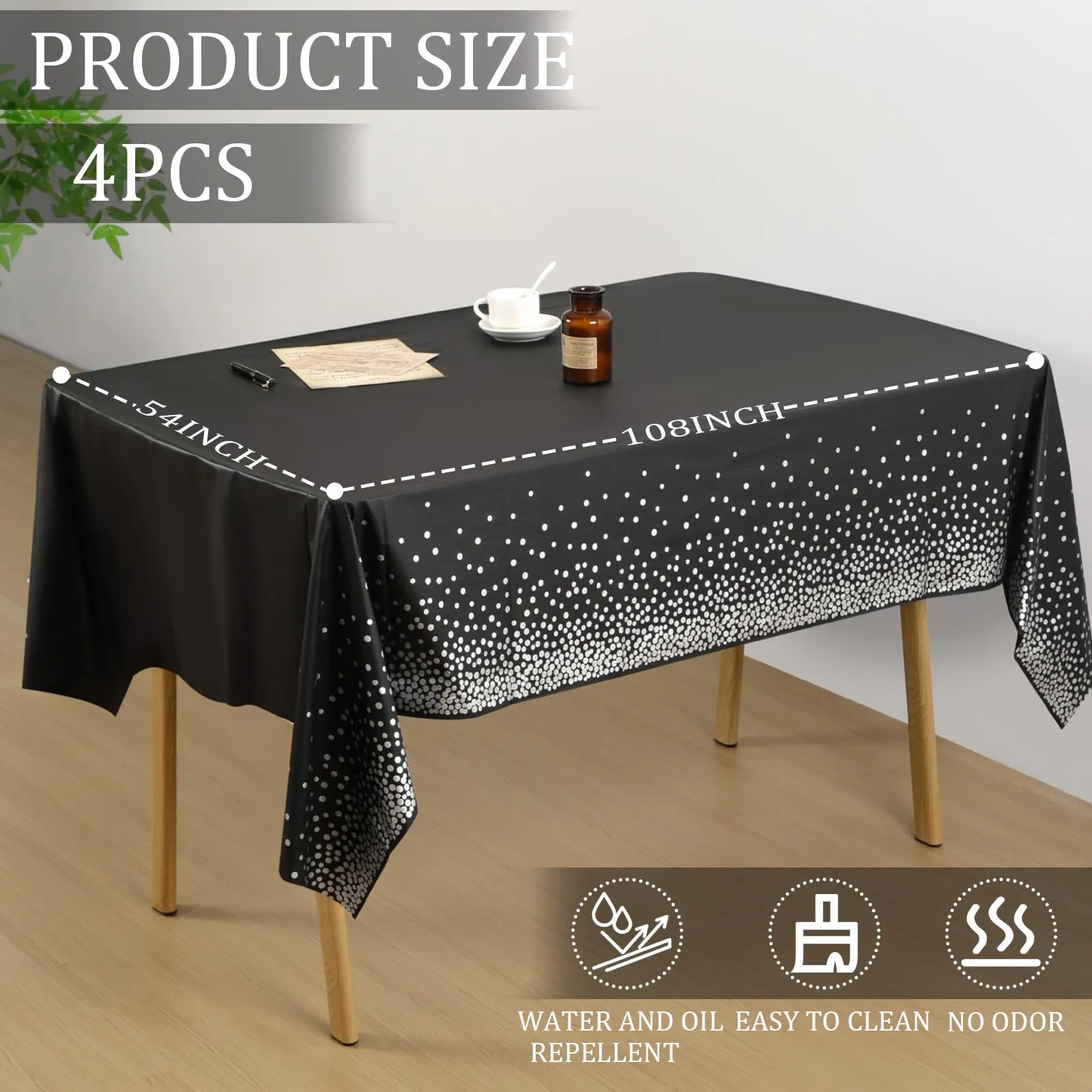 YAAVAAW Tovaglie in Plastica a Pois Neri e Argento, 137 x 274 cm, Confezione da 4 - immagine 2
