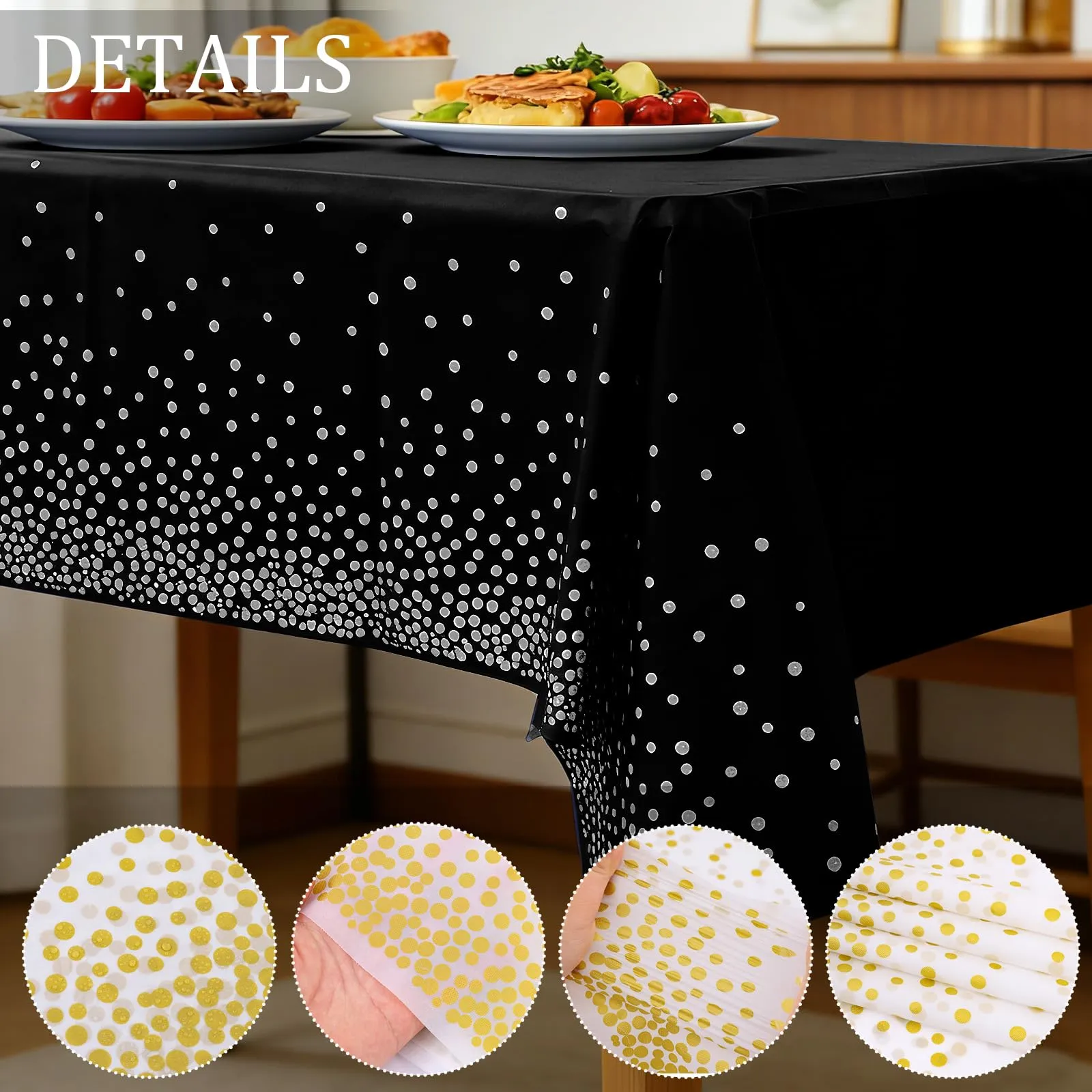 YAAVAAW Tovaglie in Plastica a Pois Neri e Argento, 137 x 274 cm, Confezione da 4 - immagine 3