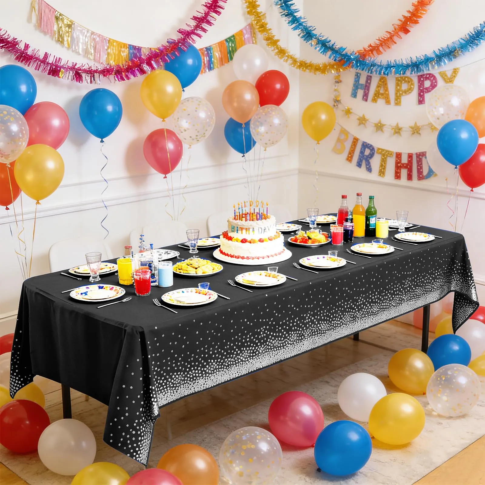 YAAVAAW Tovaglie in Plastica a Pois Neri e Argento, 137 x 274 cm, Confezione da 4 - immagine 4