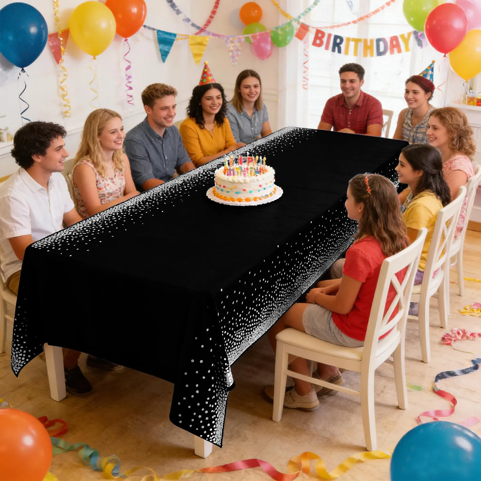 YAAVAAW Tovaglie in Plastica a Pois Neri e Argento, 137 x 274 cm, Confezione da 4 - immagine 5