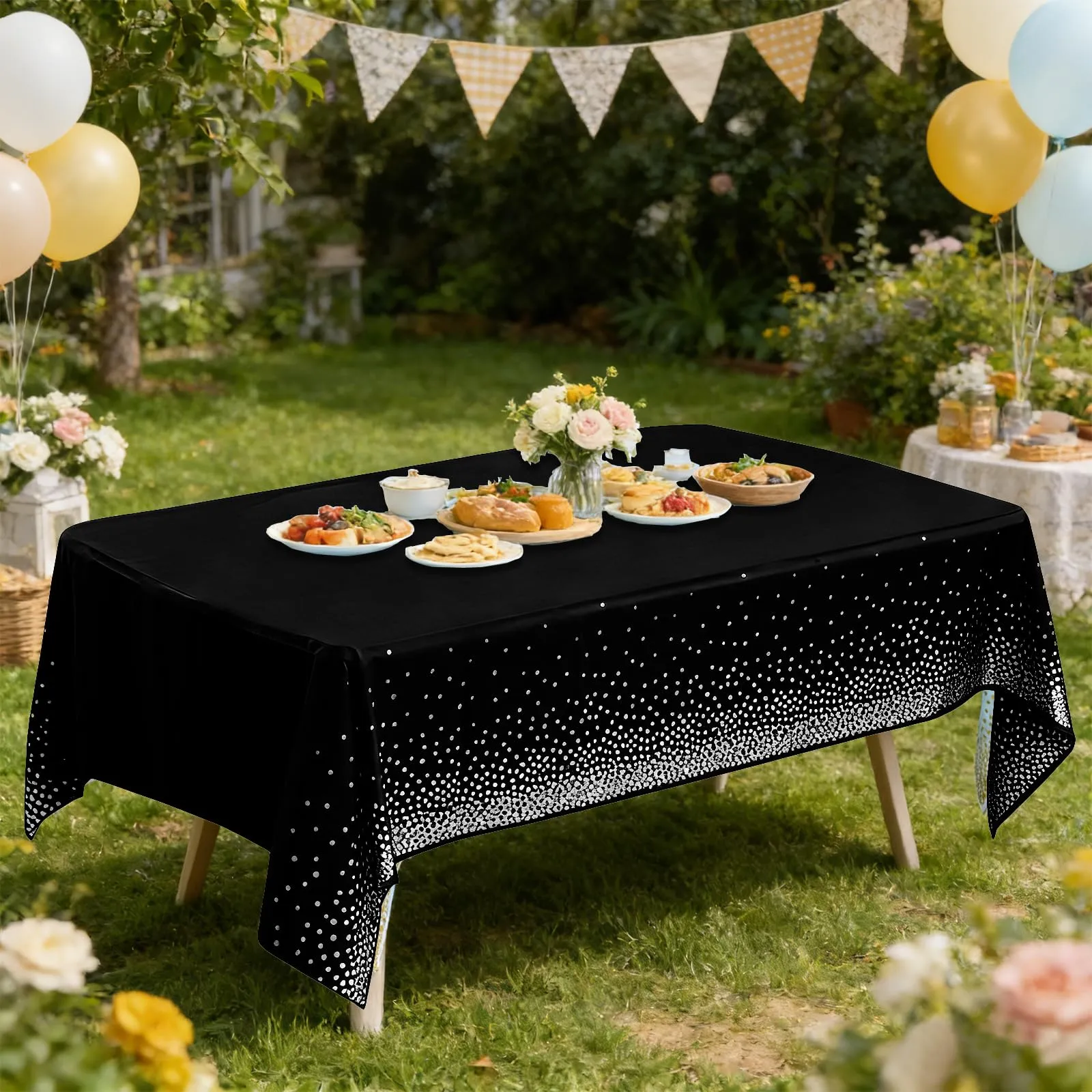 YAAVAAW Tovaglie in Plastica a Pois Neri e Argento, 137 x 274 cm, Confezione da 4 - immagine 6