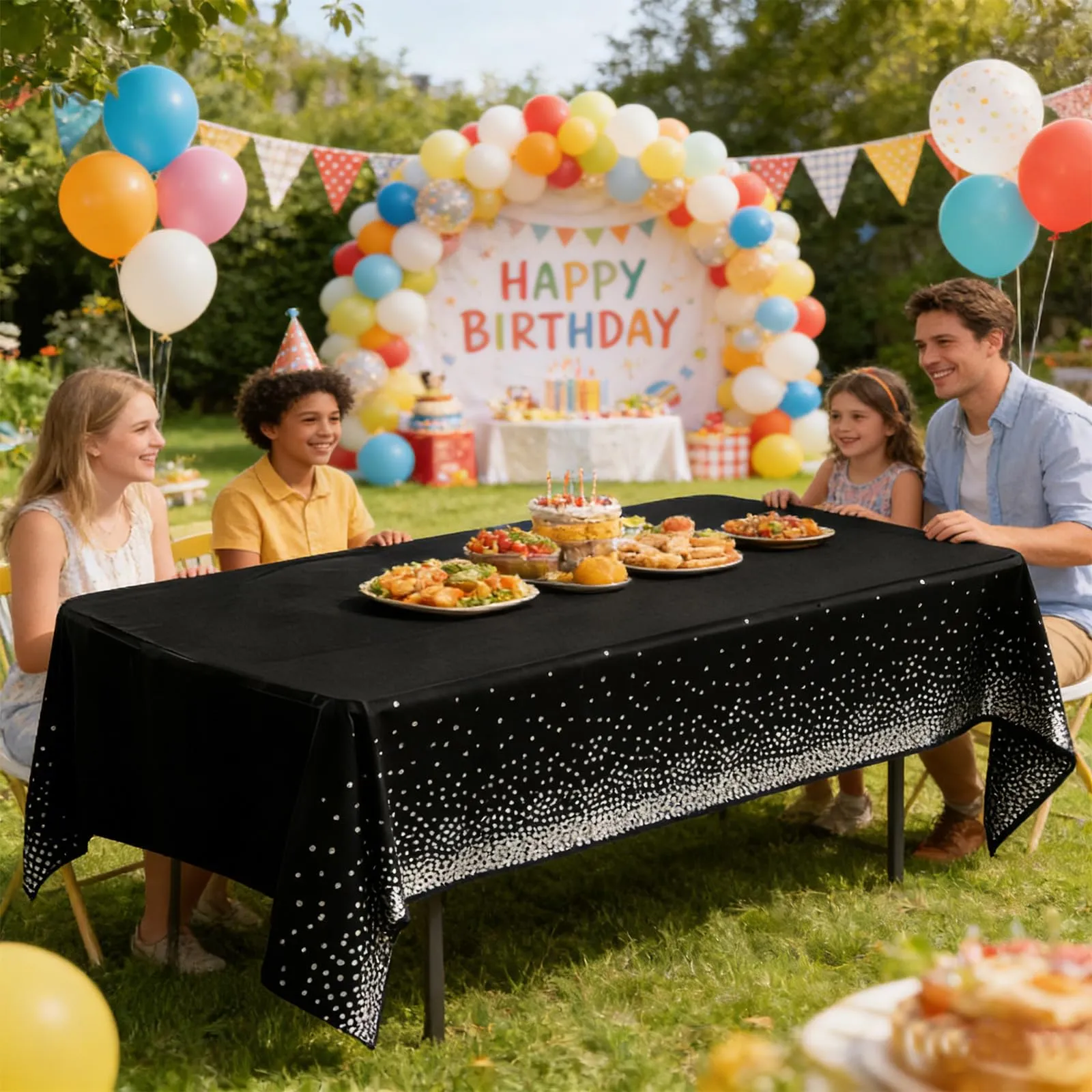 YAAVAAW Tovaglie in Plastica a Pois Neri e Argento, 137 x 274 cm, Confezione da 4 - immagine 7