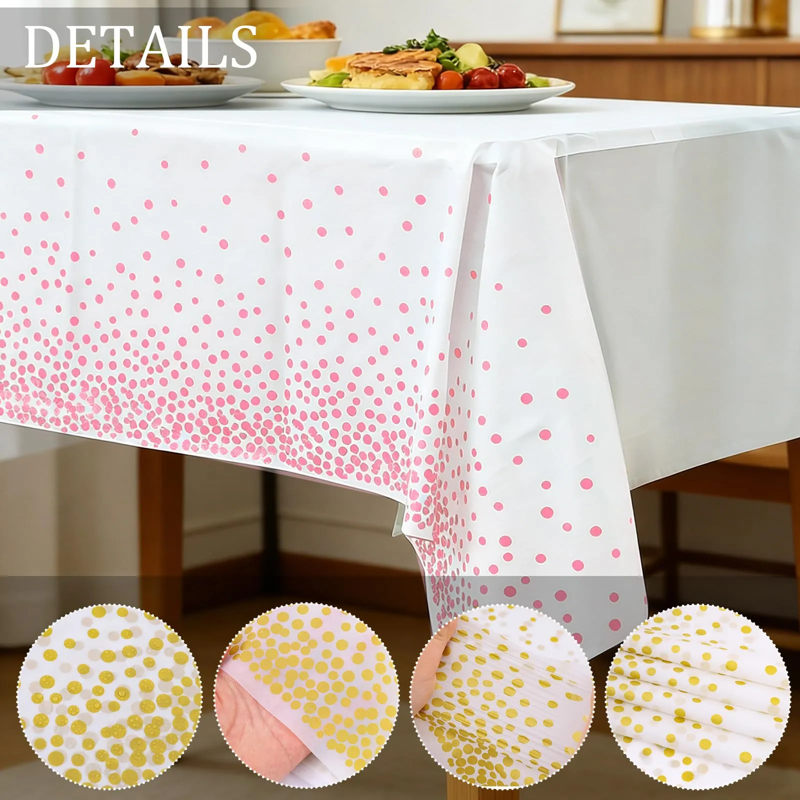 YAAVAAW Tovaglie in plastica a pois bianchi e rosa, 137 x 274 cm, set da 4, usa e getta - immagine 3