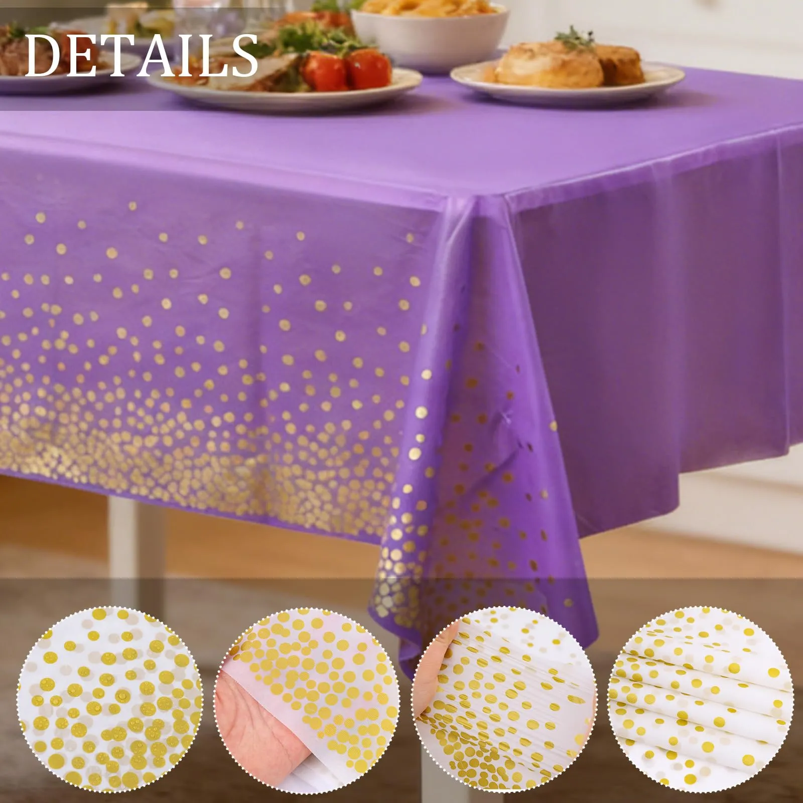 YAAVAAW Tovaglie in Plastica Viola e Oro a Pois per Tavoli Rettangolari, 137 x 274 cm, Confezione da 4 - immagine 2