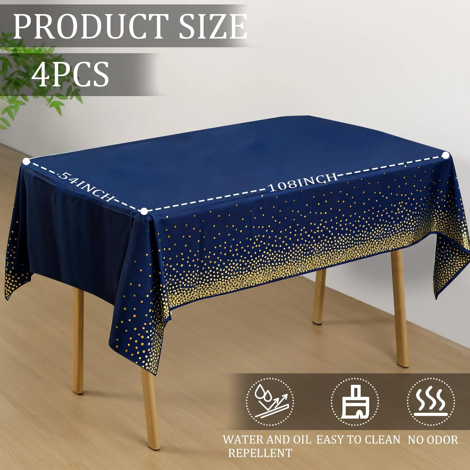 YAAVAAW Tovaglie in Plastica Blu Navy a Pois Oro, 137 x 274 cm, Set da 4, Usa e Getta per Tavoli Rettangolari - immagine 2
