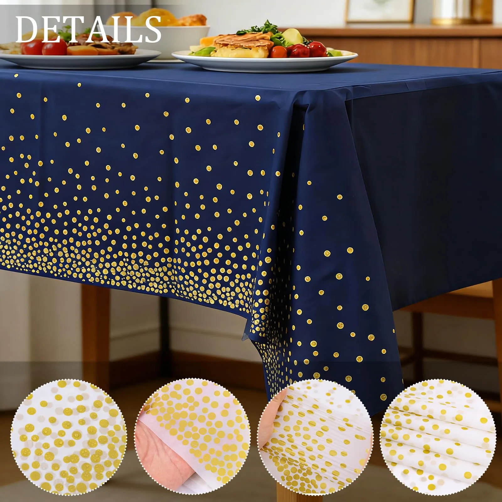 YAAVAAW Tovaglie in Plastica Blu Navy a Pois Oro, 137 x 274 cm, Set da 4, Usa e Getta per Tavoli Rettangolari - immagine 3