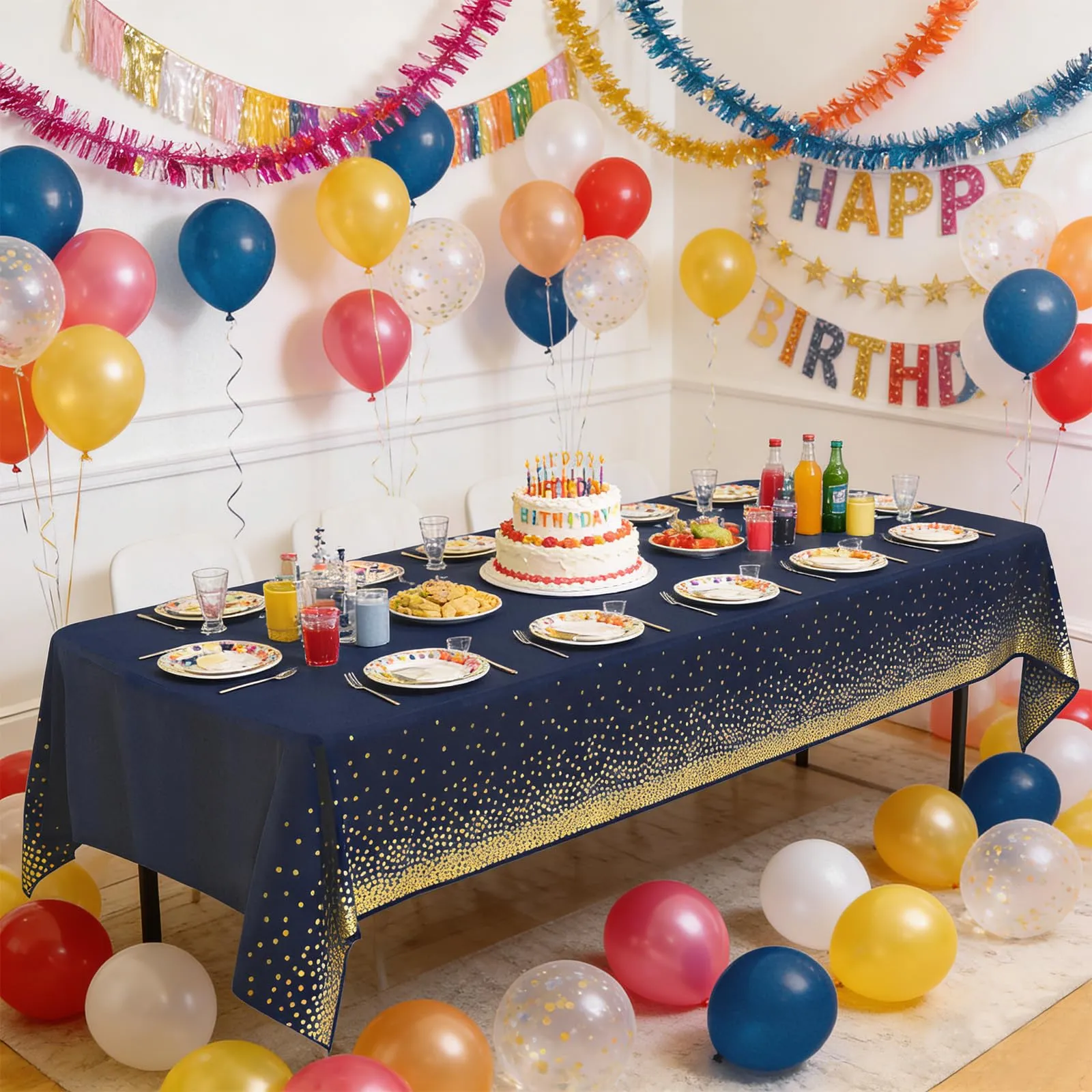 YAAVAAW Tovaglie in Plastica Blu Navy a Pois Oro, 137 x 274 cm, Set da 4, Usa e Getta per Tavoli Rettangolari - immagine 4