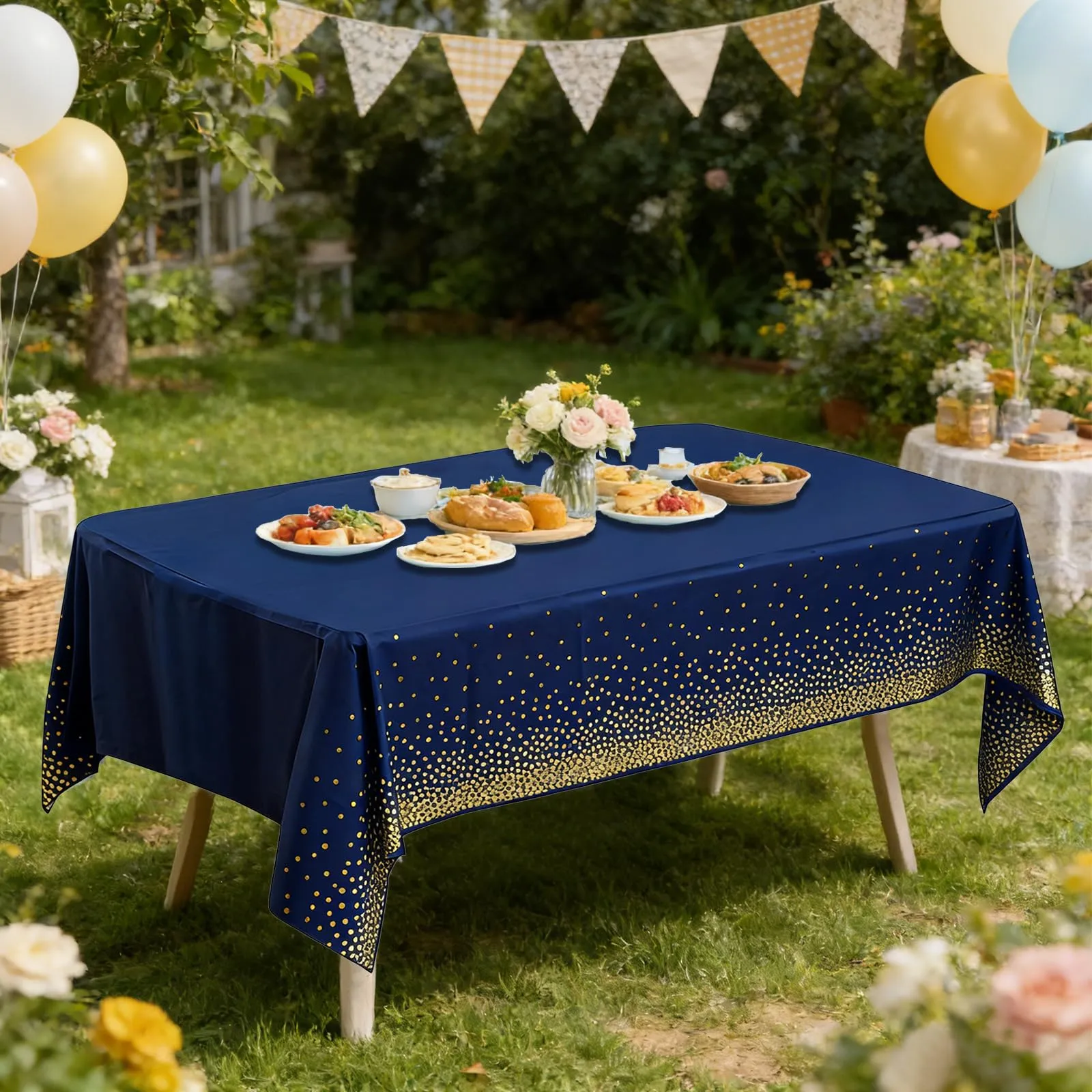 YAAVAAW Tovaglie in Plastica Blu Navy a Pois Oro, 137 x 274 cm, Set da 4, Usa e Getta per Tavoli Rettangolari - immagine 6