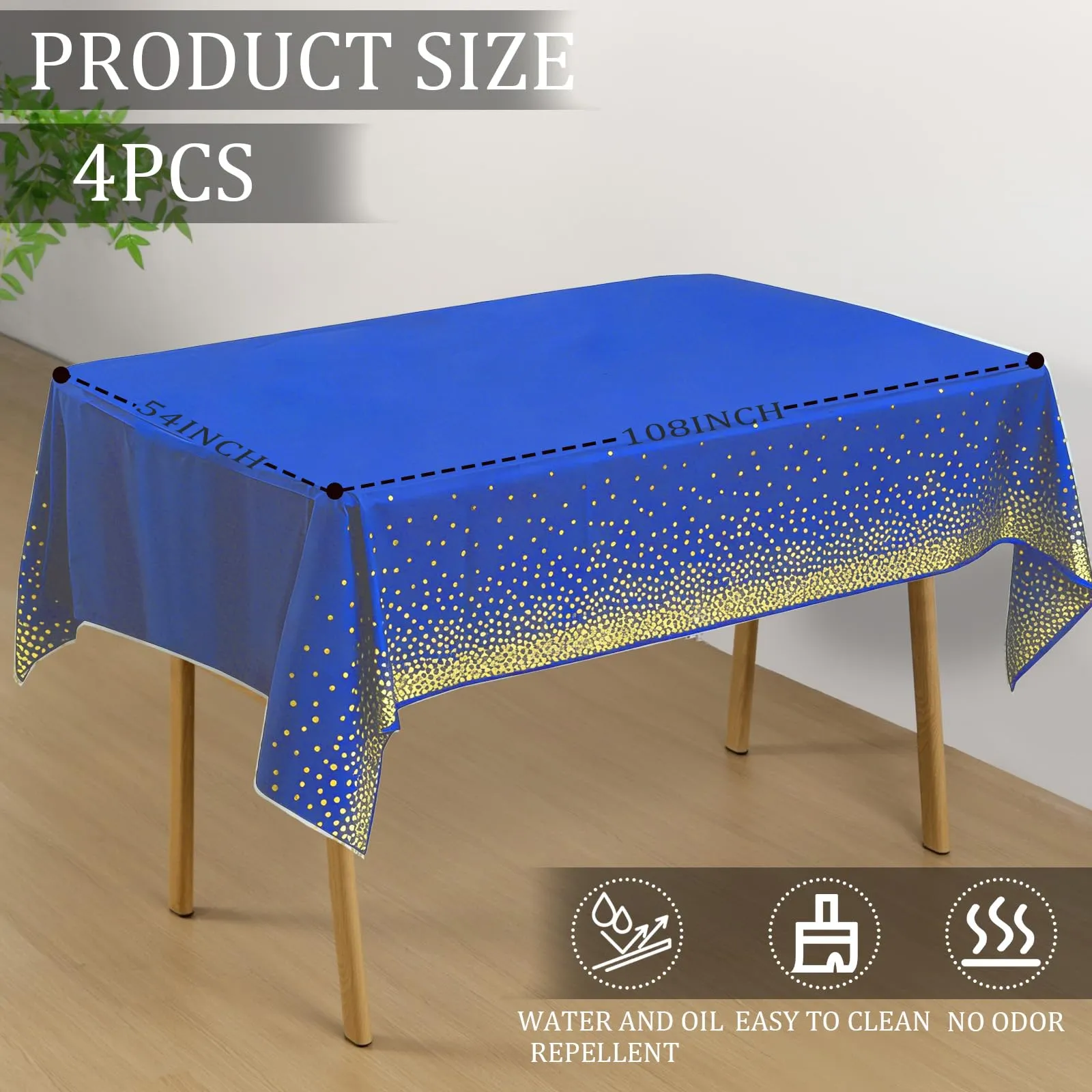 YAAVAAW Tovaglie in Plastica a Pois Blu e Oro per Tavoli Rettangolari, 137 x 274 cm, Confezione da 4, Usa e Getta - immagine 2