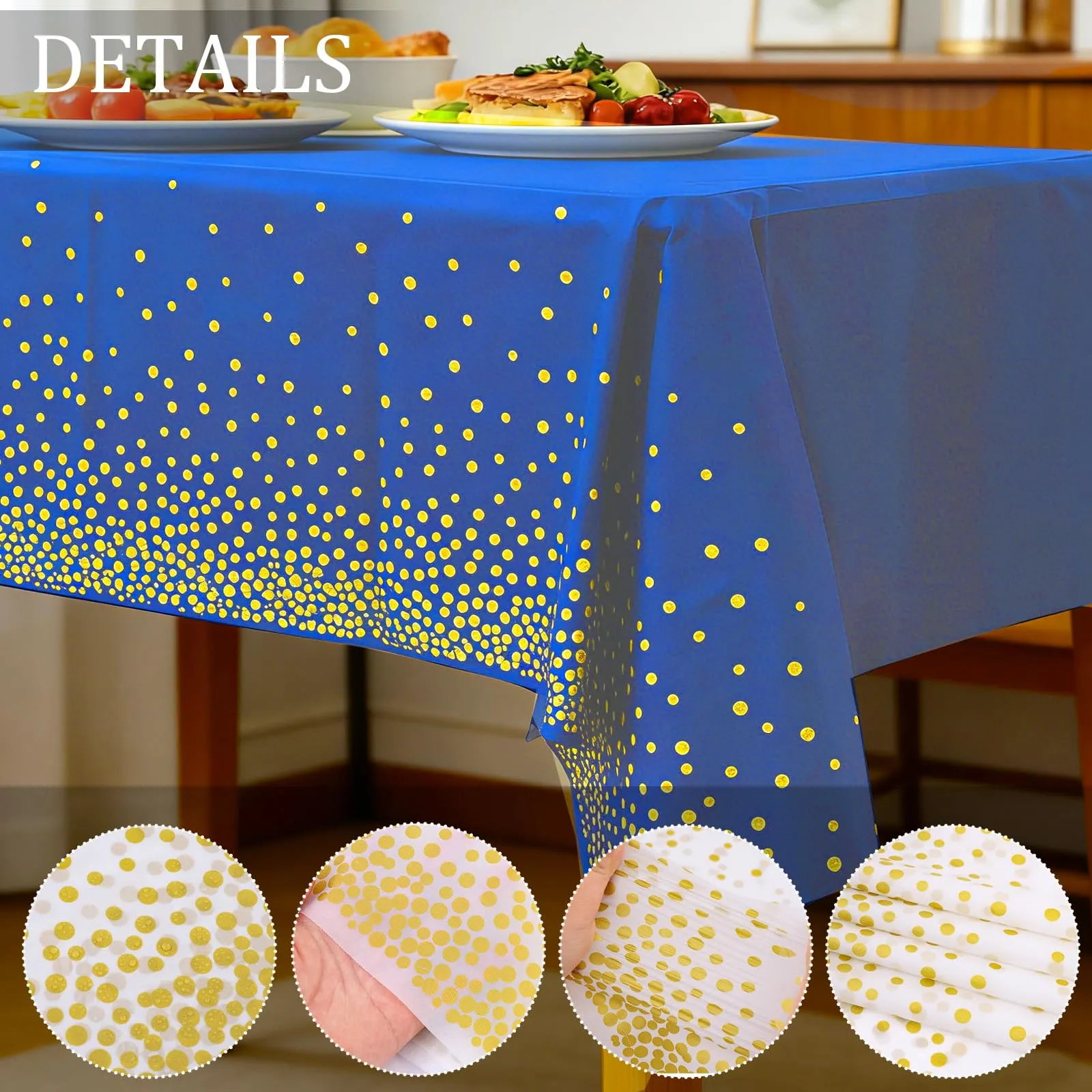 YAAVAAW Tovaglie in Plastica a Pois Blu e Oro per Tavoli Rettangolari, 137 x 274 cm, Confezione da 4, Usa e Getta - immagine 3