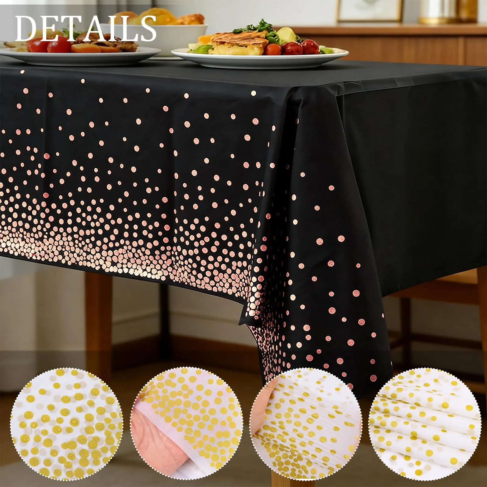 YAAVAAW Tovaglie in plastica a pois neri e oro rosa, 137 x 274 cm, confezione da 4 pezzi - immagine 3