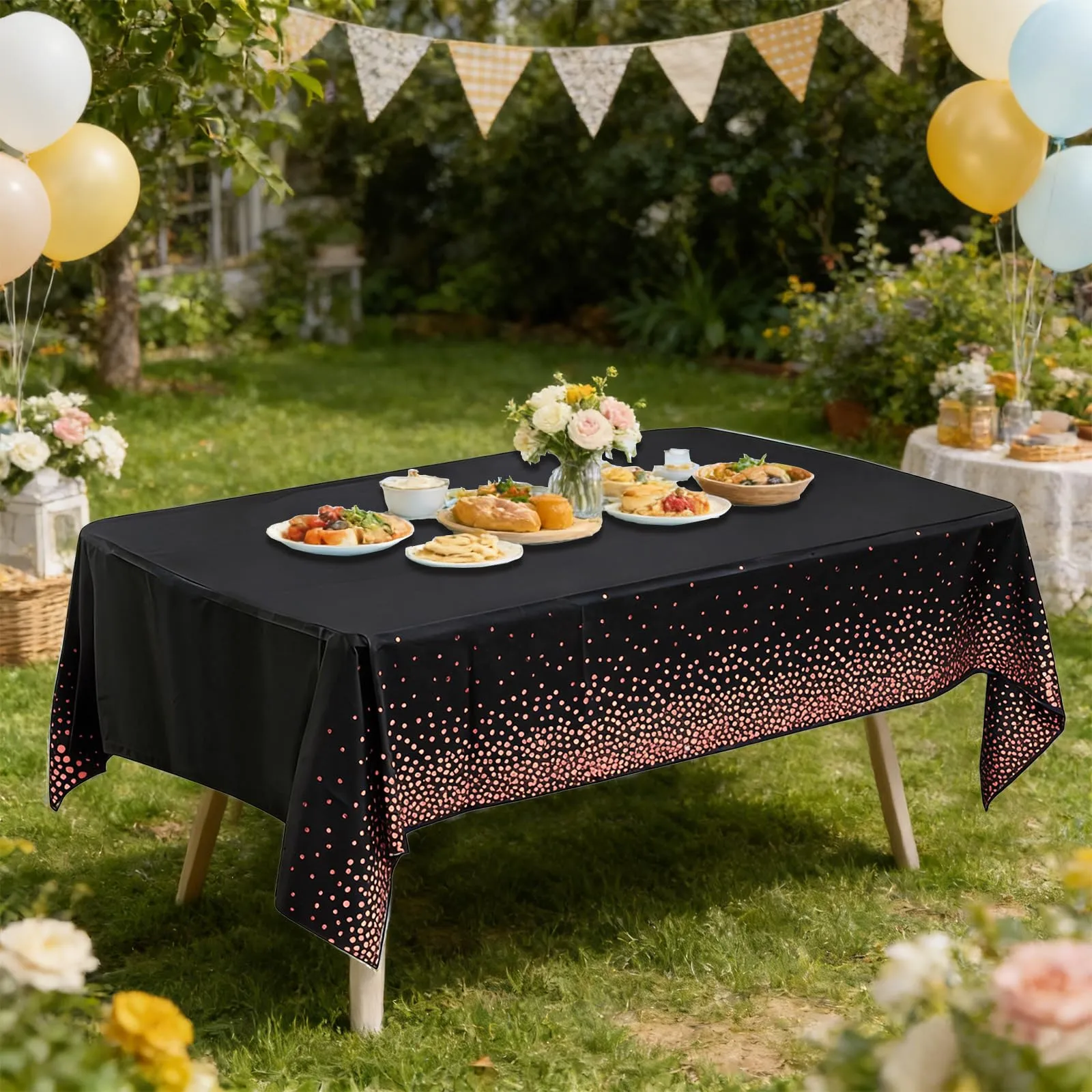 YAAVAAW Tovaglie in plastica a pois neri e oro rosa, 137 x 274 cm, confezione da 4 pezzi - immagine 6