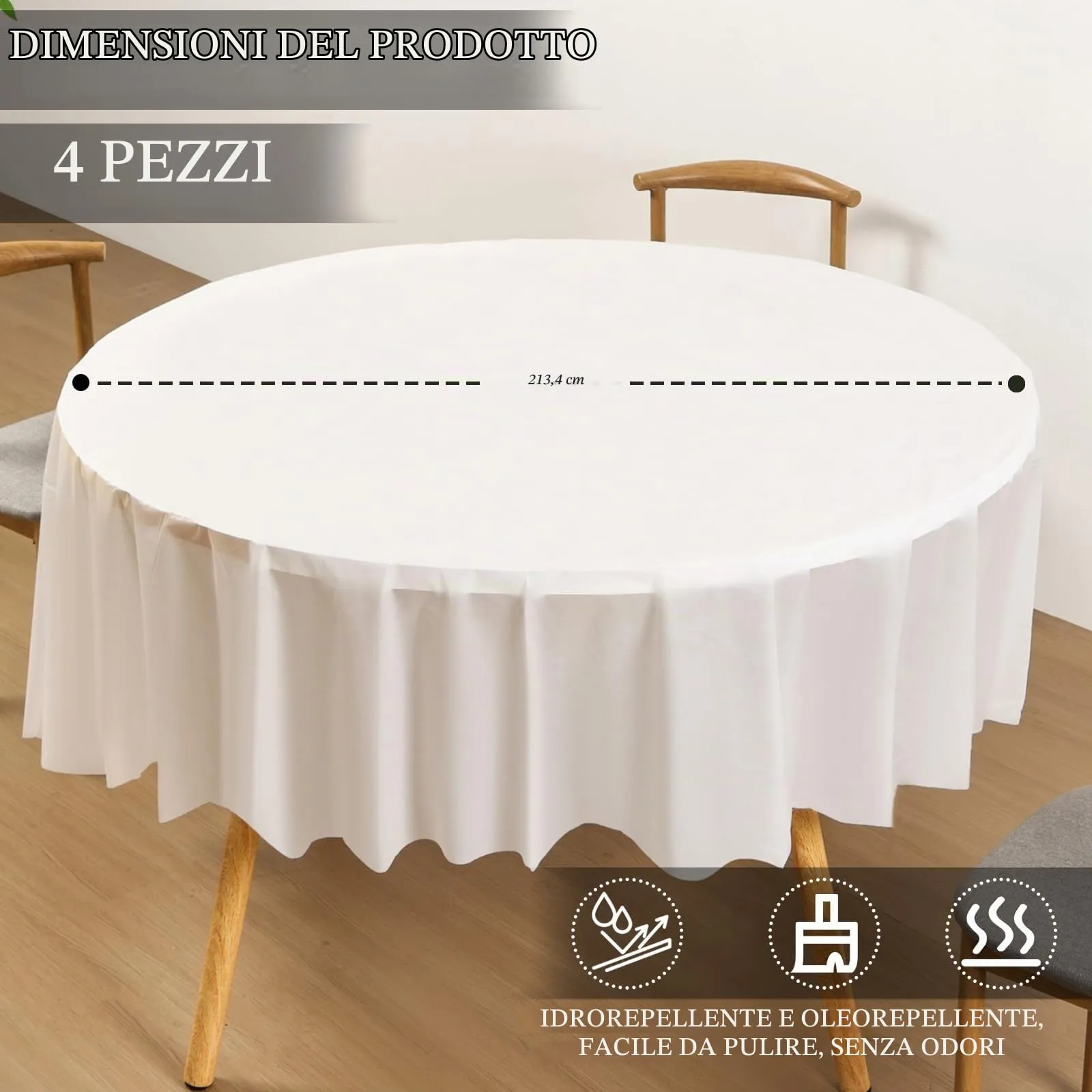 YAAVAAW Tovaglia rotonda usa e getta in plastica bianca, 213 cm, 4 pezzi - immagine 2