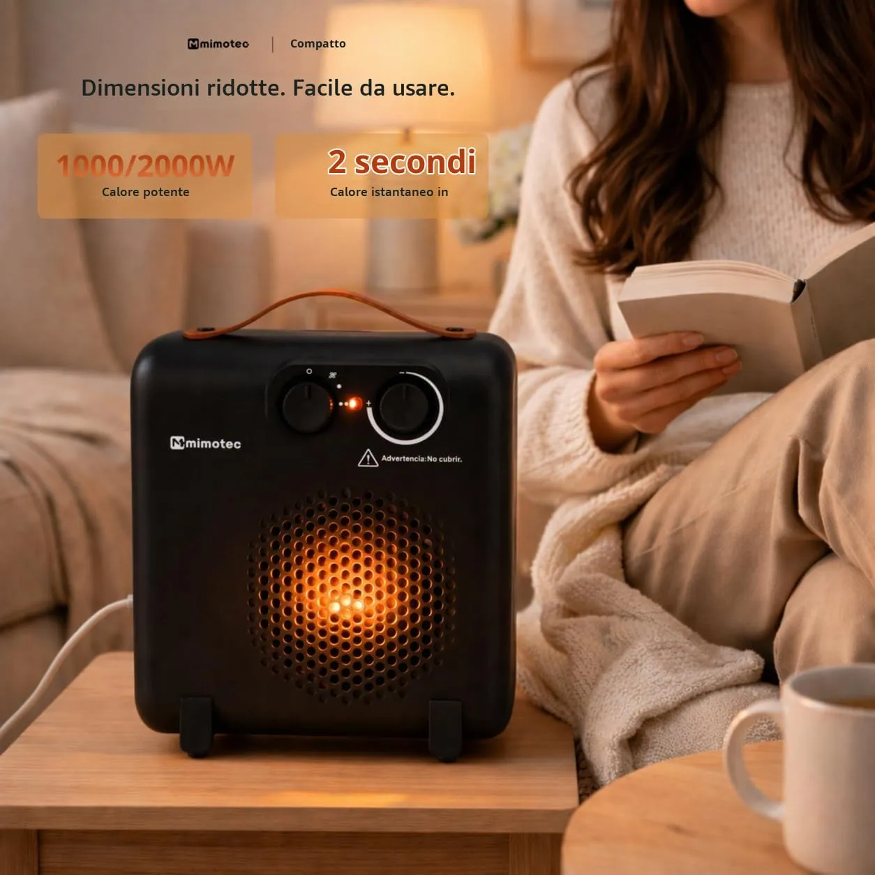 M Mimotec Black Compact Stufa Elettrica 2000W, MI7055 - immagine 4