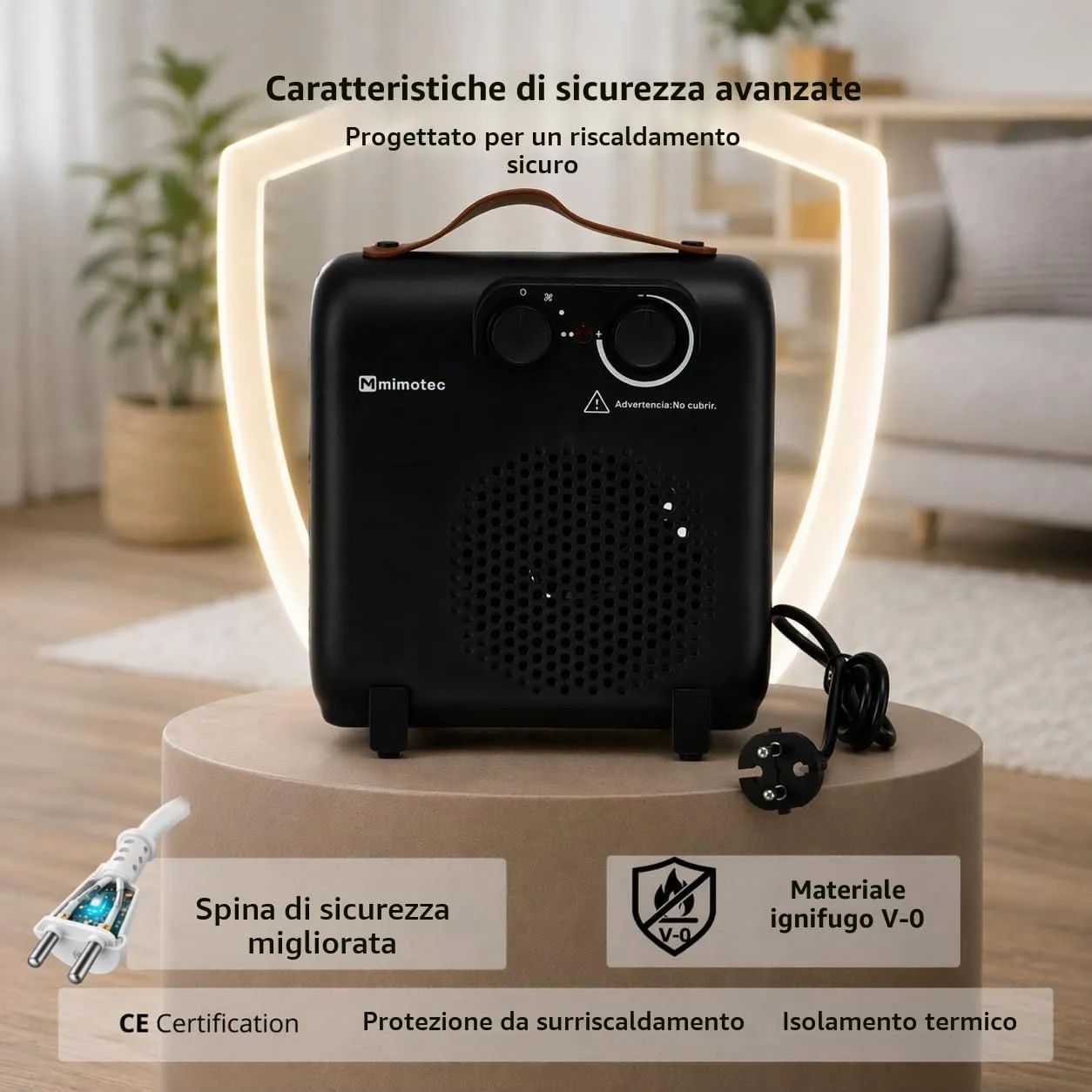 M Mimotec Black Compact Stufa Elettrica 2000W, MI7055 - immagine 6