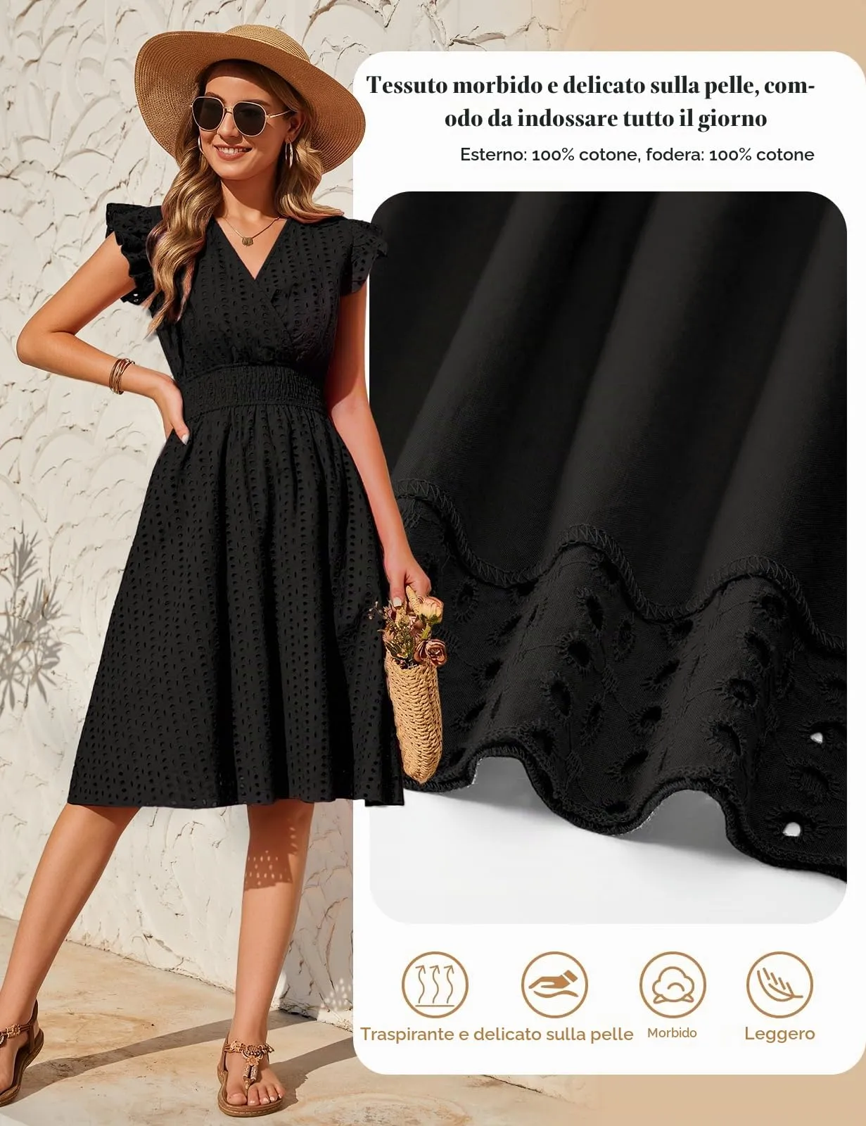 PASUDA Abito Estivo Donna in Cotone Senza Maniche con Scollo a V e Volant, Vestito Corto Jacquard con Tasche (Nero, XL) - immagine 5