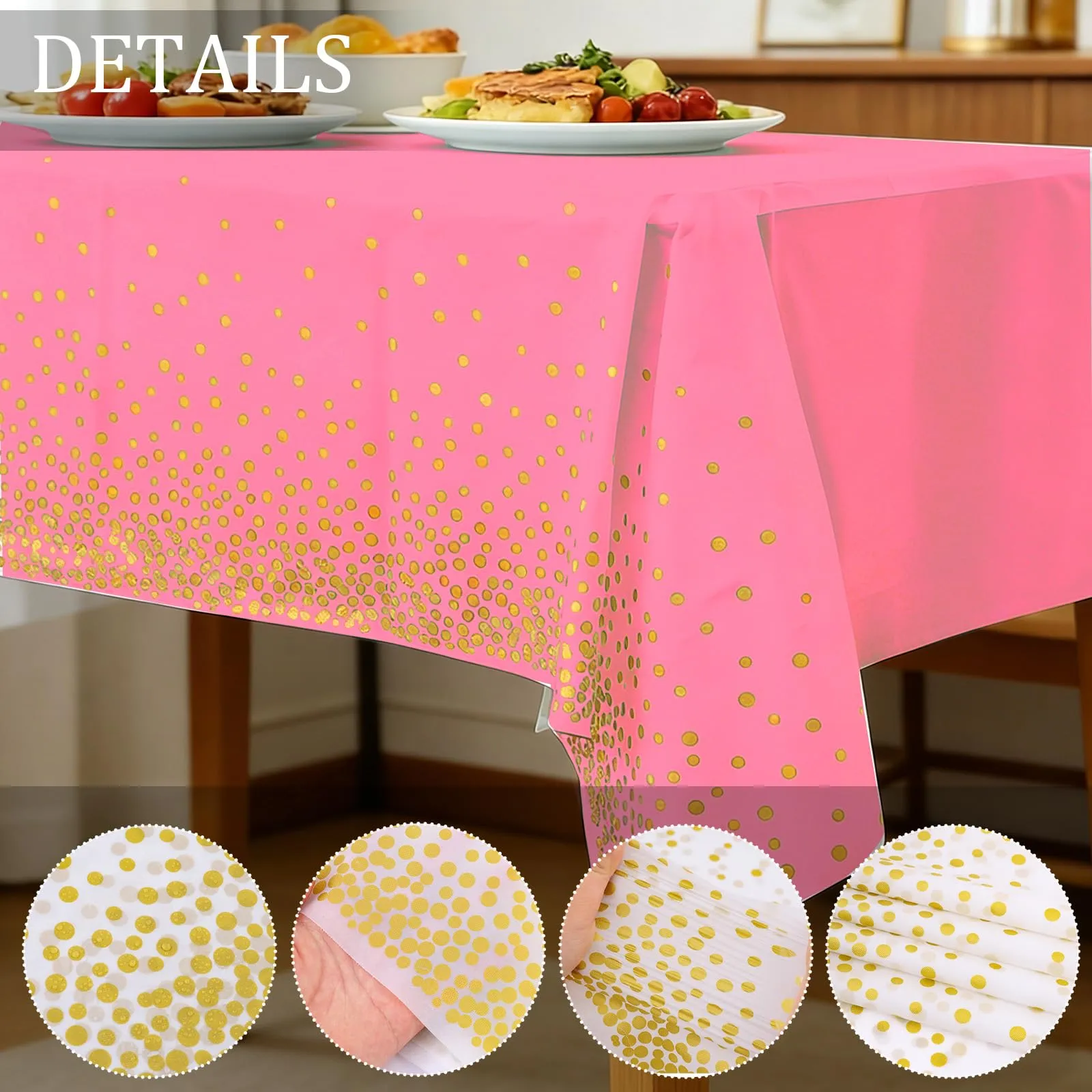 YAAVAAW Tovaglie in plastica a pois rosa e oro per tavoli rettangolari, 137 x 274 cm, set da 4 pezzi - immagine 3
