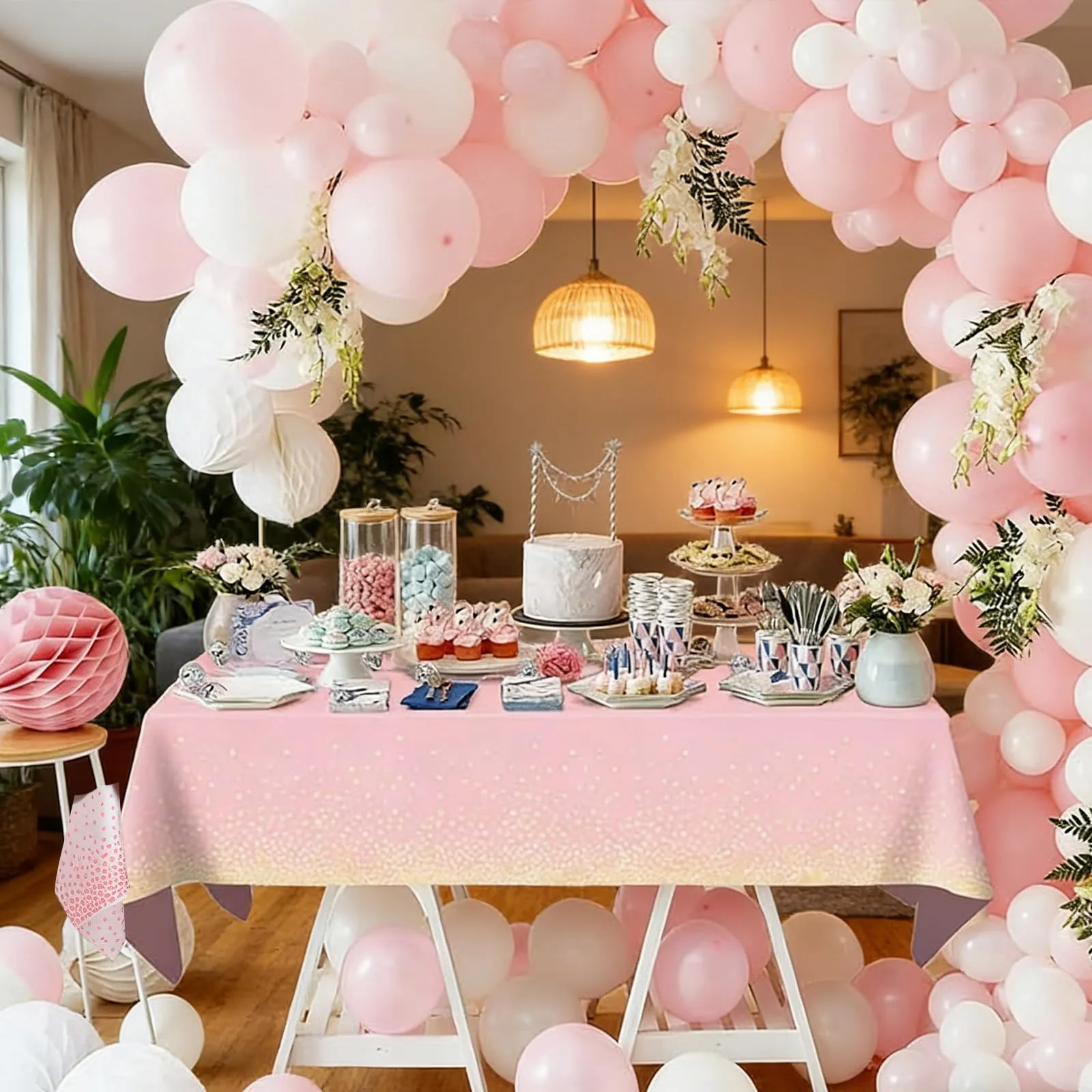 YAAVAAW Tovaglie in plastica a pois rosa e oro per tavoli rettangolari, 137 x 274 cm, set da 4 pezzi - immagine 6
