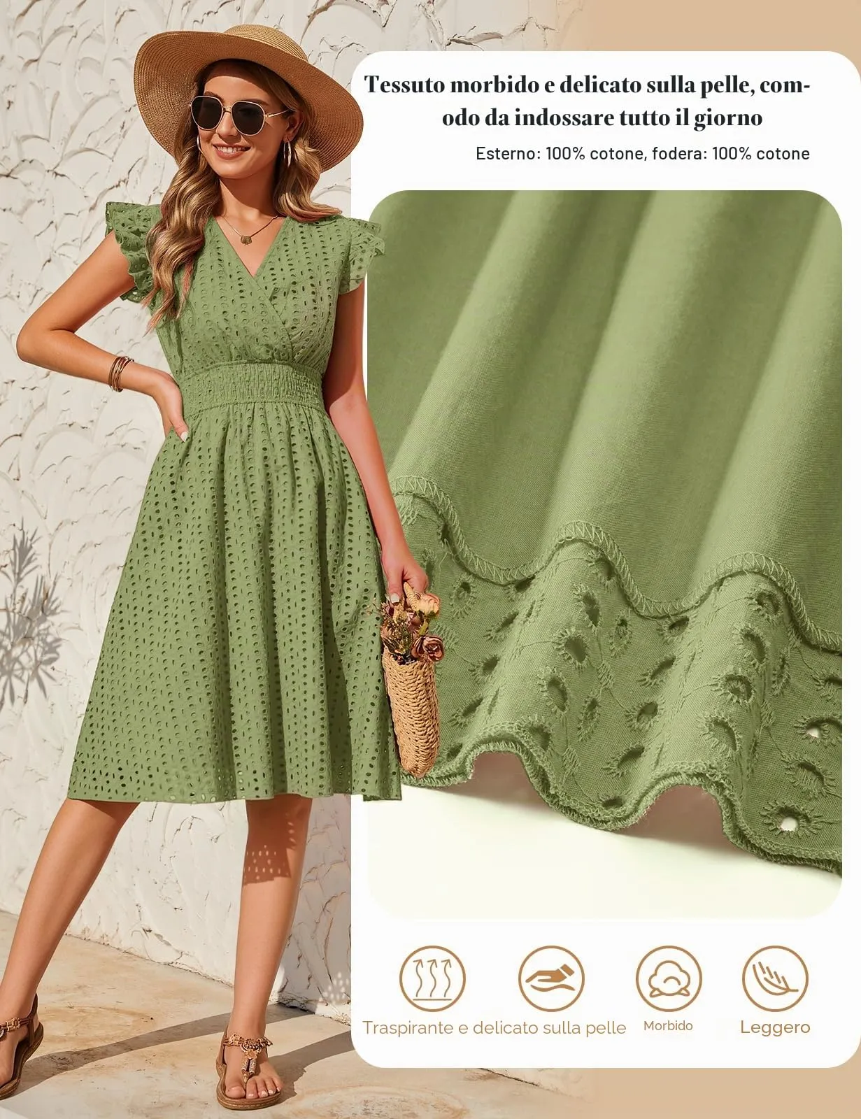 PASUDA Abito Estivo Donna in Cotone Scollo a V Senza Maniche con Volant e Tasche, Jacquard, Verde Militare, XL - immagine 5