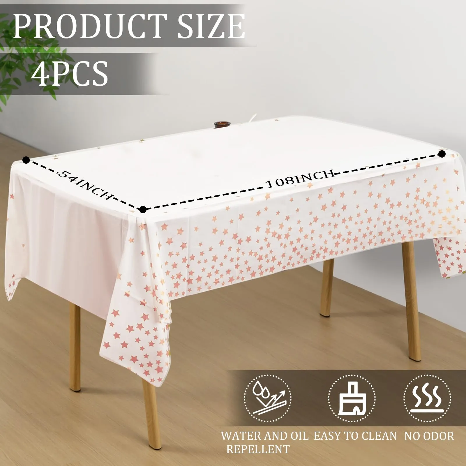YAAVAAW Tovaglie in plastica con stelle bianche e oro rosa per tavoli rettangolari, 137 x 274 cm, set da 4 pezzi - immagine 2