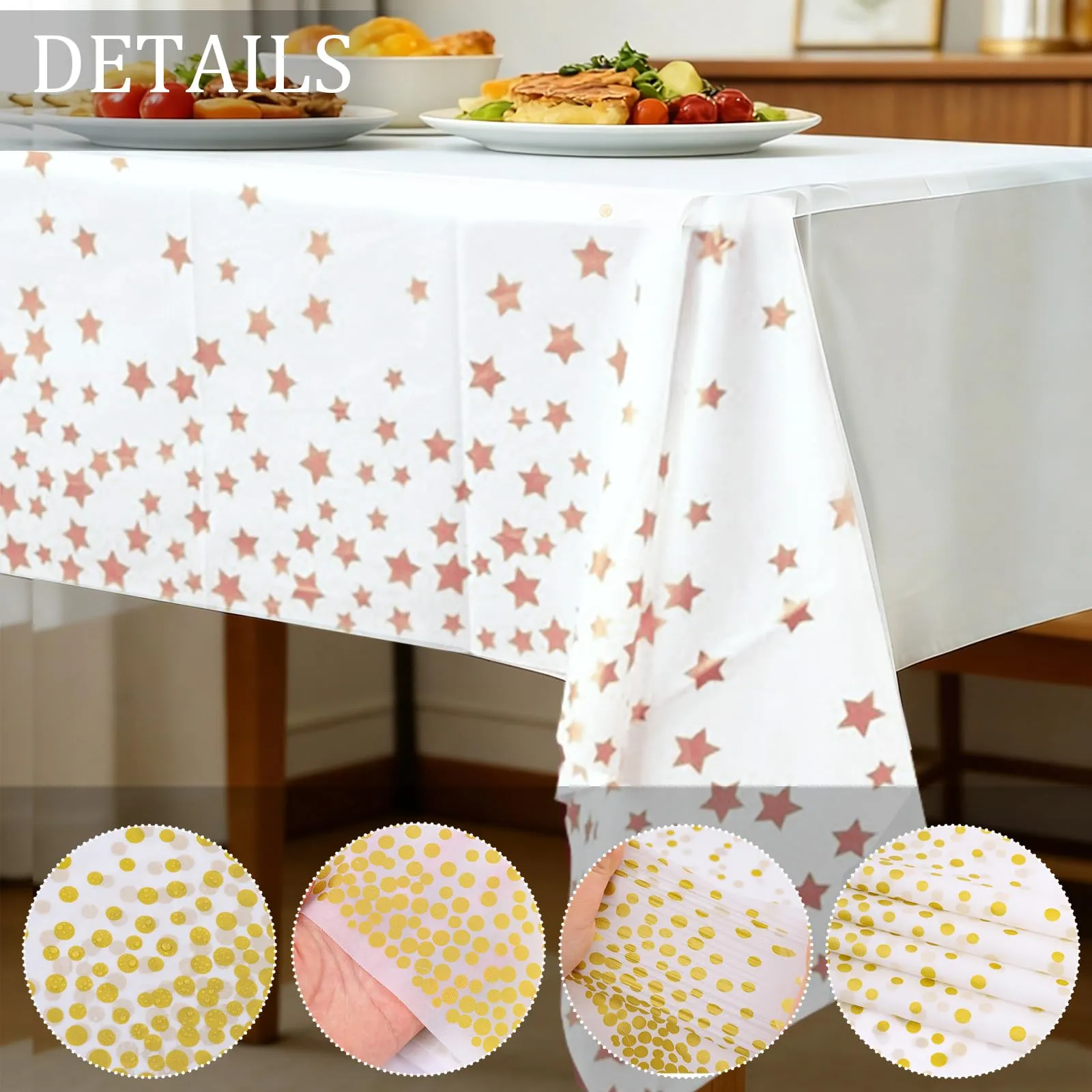 YAAVAAW Tovaglie in plastica con stelle bianche e oro rosa per tavoli rettangolari, 137 x 274 cm, set da 4 pezzi - immagine 3