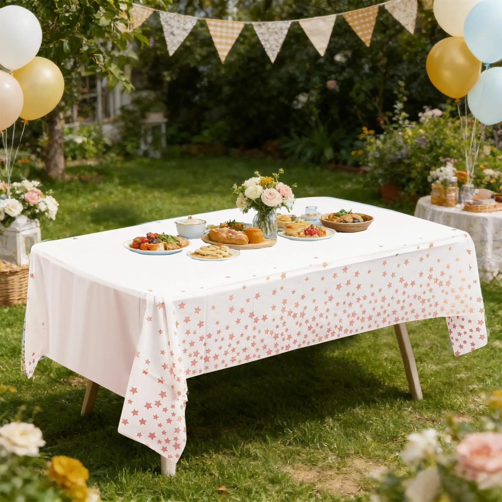 YAAVAAW Tovaglie in plastica con stelle bianche e oro rosa per tavoli rettangolari, 137 x 274 cm, set da 4 pezzi - immagine 6