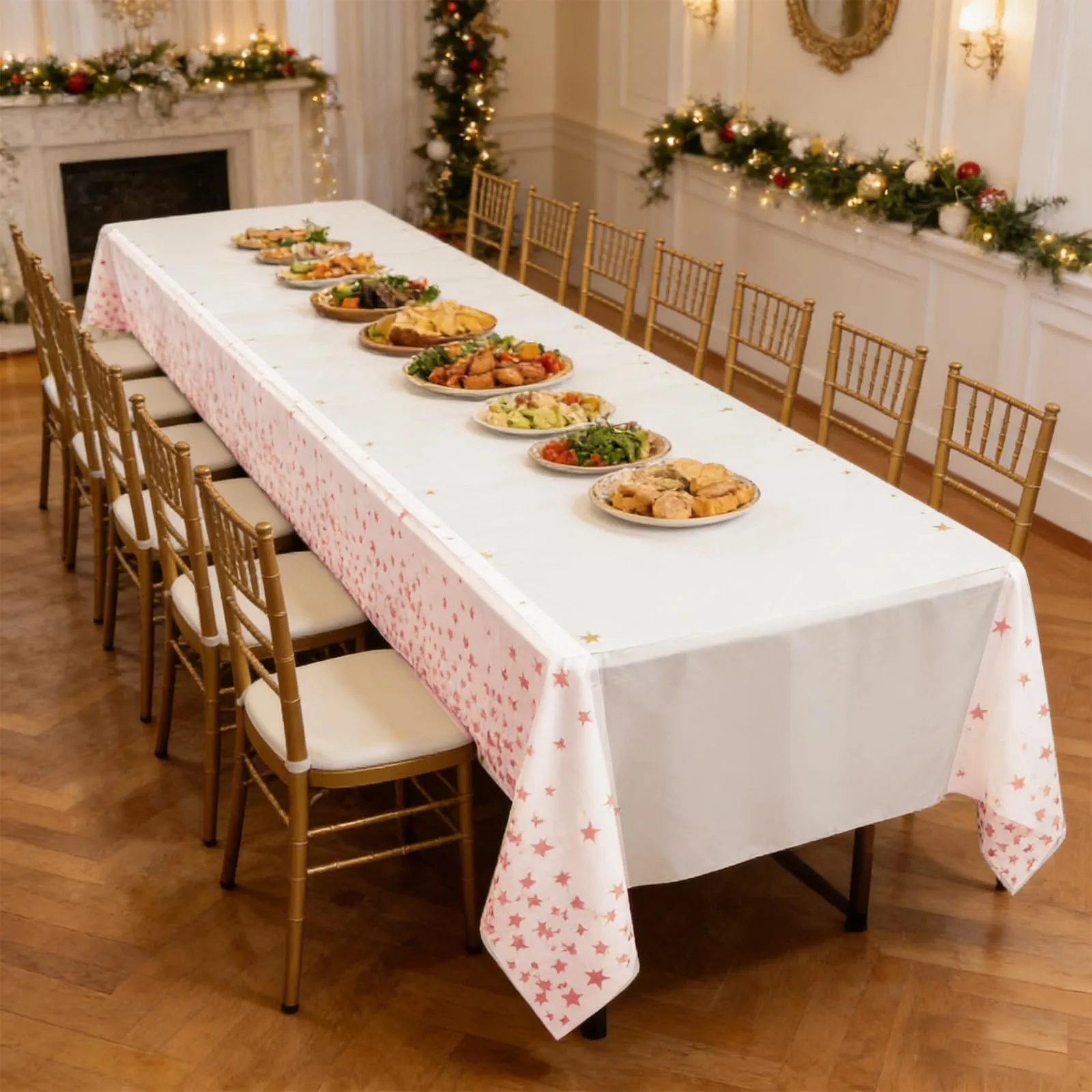 YAAVAAW Tovaglie in plastica con stelle bianche e oro rosa per tavoli rettangolari, 137 x 274 cm, set da 4 pezzi - immagine 7
