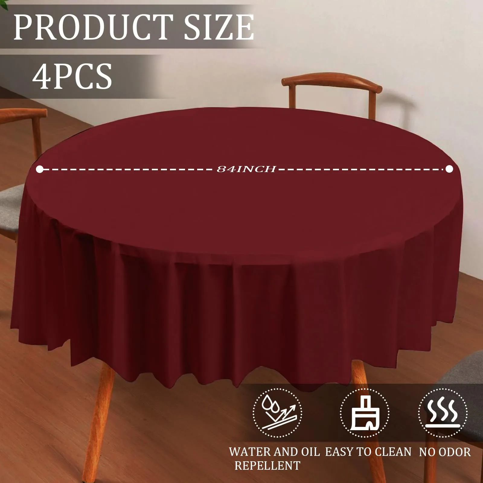 YAAVAAW Tovaglie in plastica bordeaux per tavoli rotondi, 213 cm, usa e getta, confezione da 4 - immagine 2