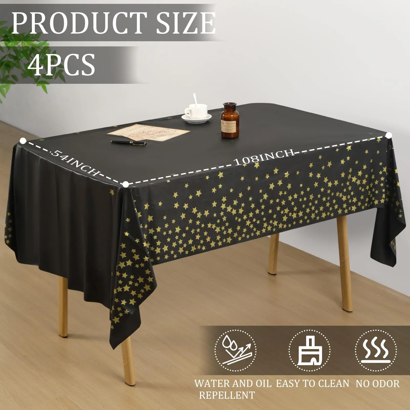 YAAVAAW Tovaglie usa e getta rettangolari nere a stelle dorate, 137 x 274 cm, 4 pezzi - immagine 2