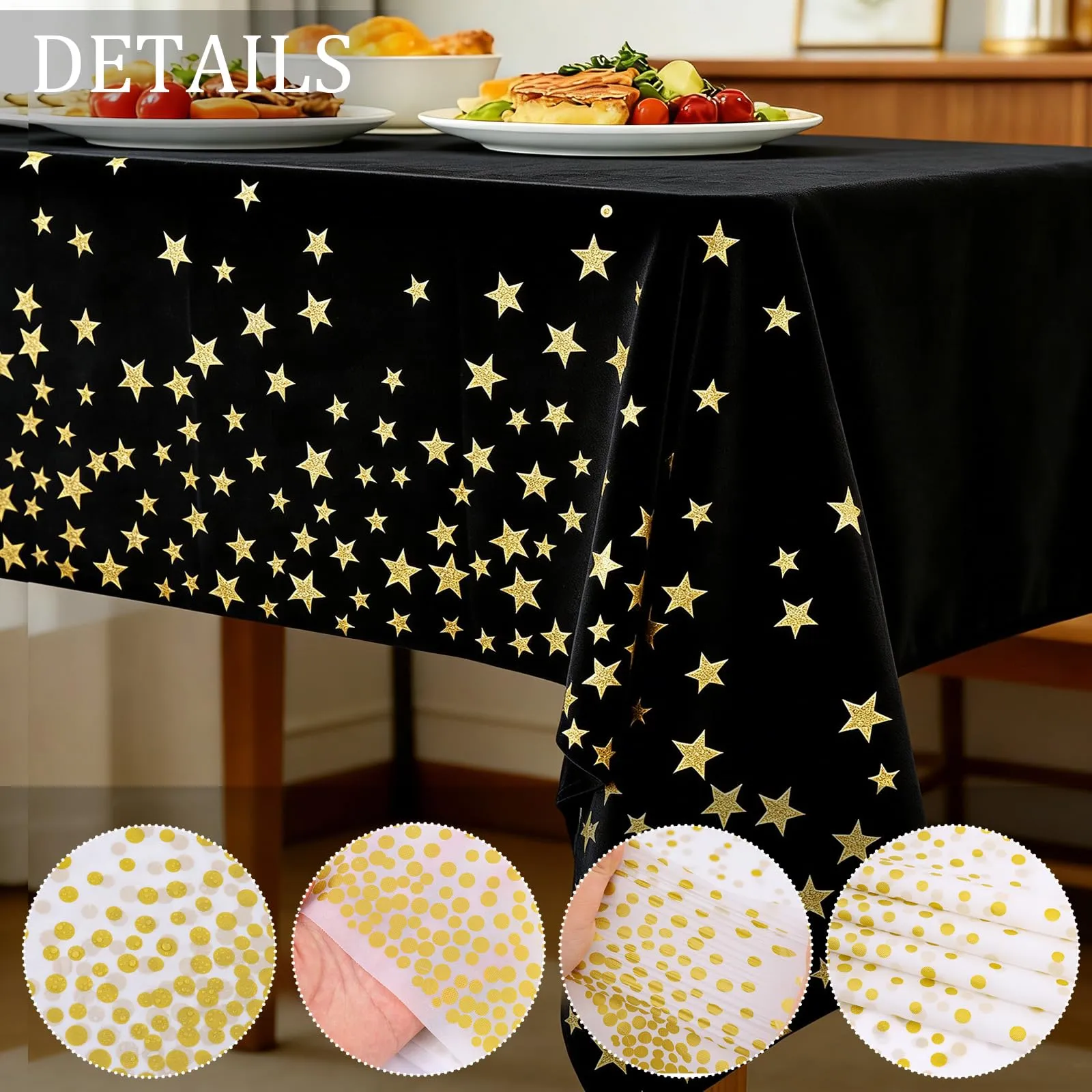 YAAVAAW Tovaglie usa e getta rettangolari nere a stelle dorate, 137 x 274 cm, 4 pezzi - immagine 3