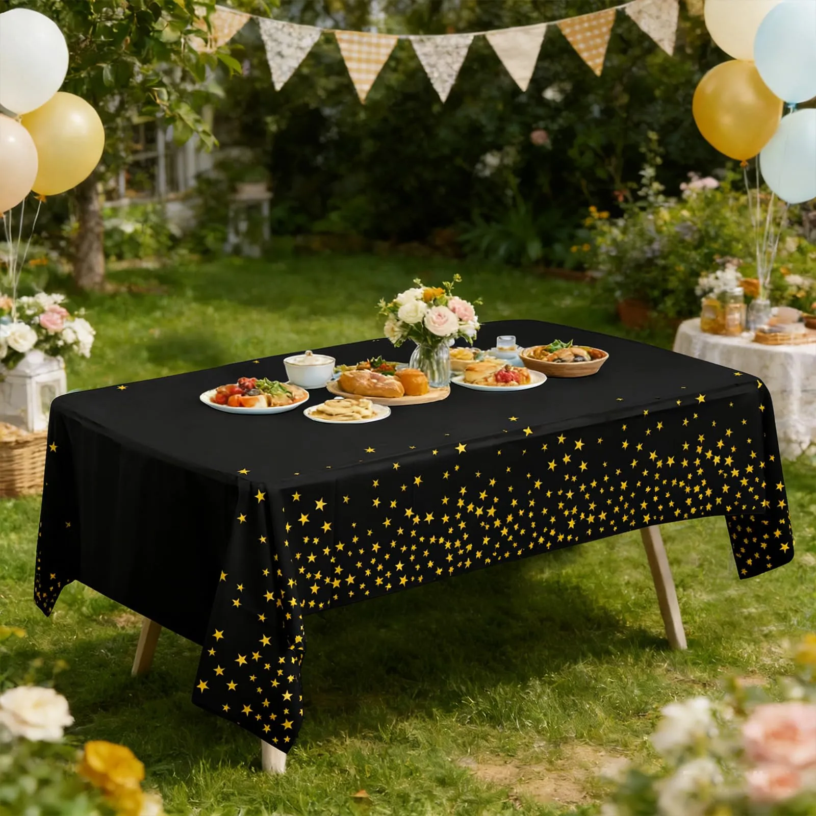 YAAVAAW Tovaglie usa e getta rettangolari nere a stelle dorate, 137 x 274 cm, 4 pezzi - immagine 4