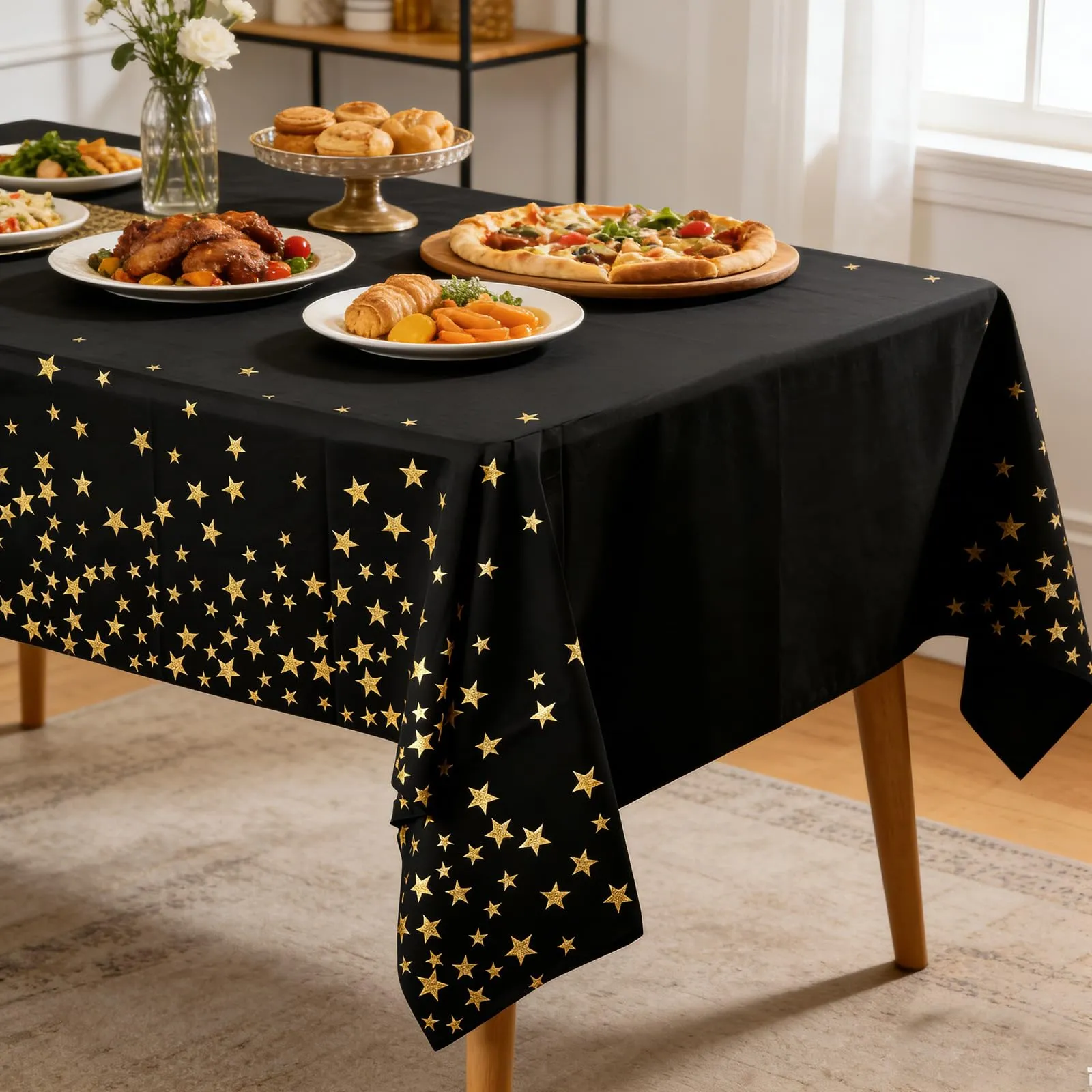 YAAVAAW Tovaglie usa e getta rettangolari nere a stelle dorate, 137 x 274 cm, 4 pezzi - immagine 6