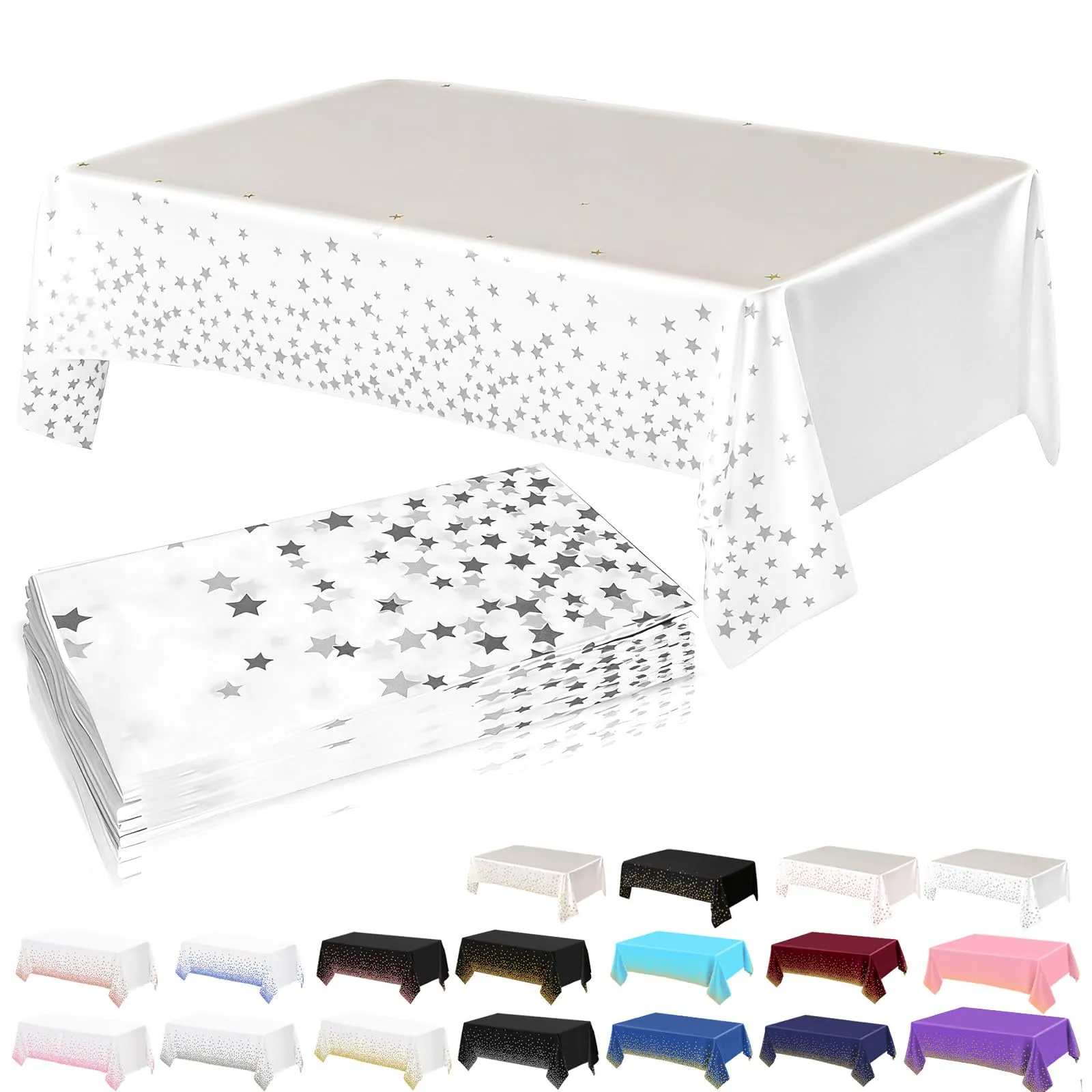 YAAVAAW Tovaglie in Plastica Bianca e Argento a Forma di Stella, 137 x 274 cm, Rettangolari, Usa e Getta, Confezione da 4 - immagine 1