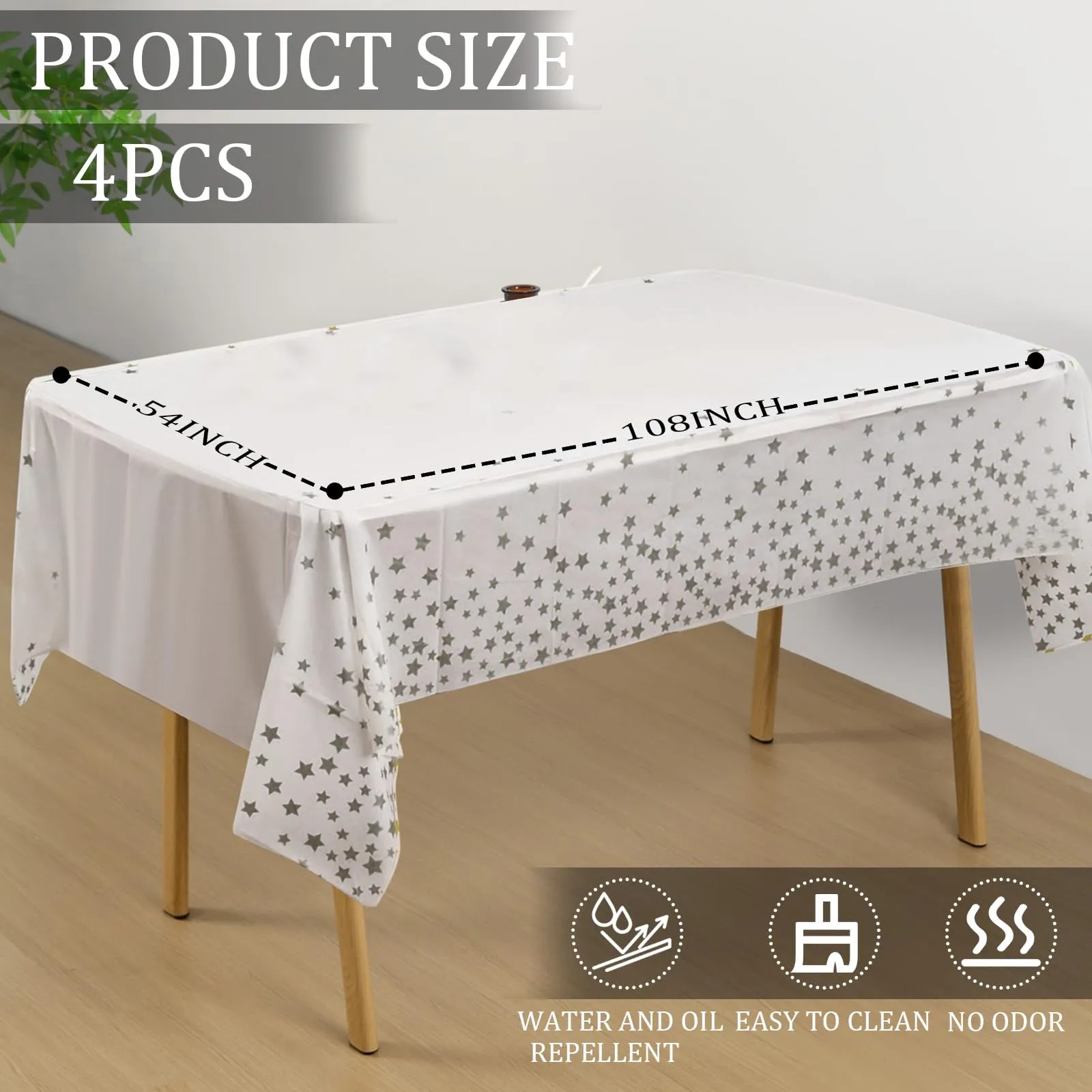 YAAVAAW Tovaglie in Plastica Bianca e Argento a Forma di Stella, 137 x 274 cm, Rettangolari, Usa e Getta, Confezione da 4 - immagine 2