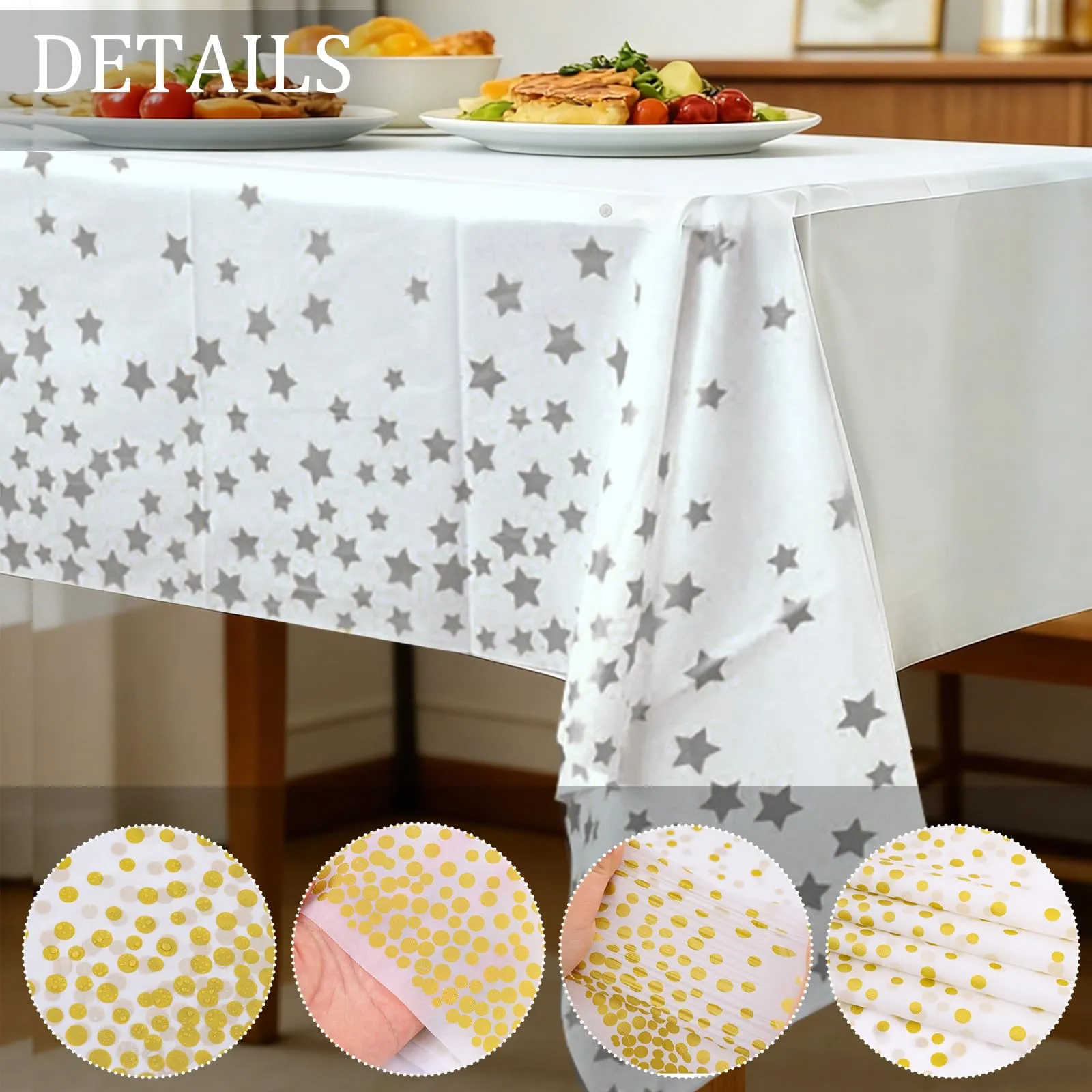 YAAVAAW Tovaglie in Plastica Bianca e Argento a Forma di Stella, 137 x 274 cm, Rettangolari, Usa e Getta, Confezione da 4 - immagine 3