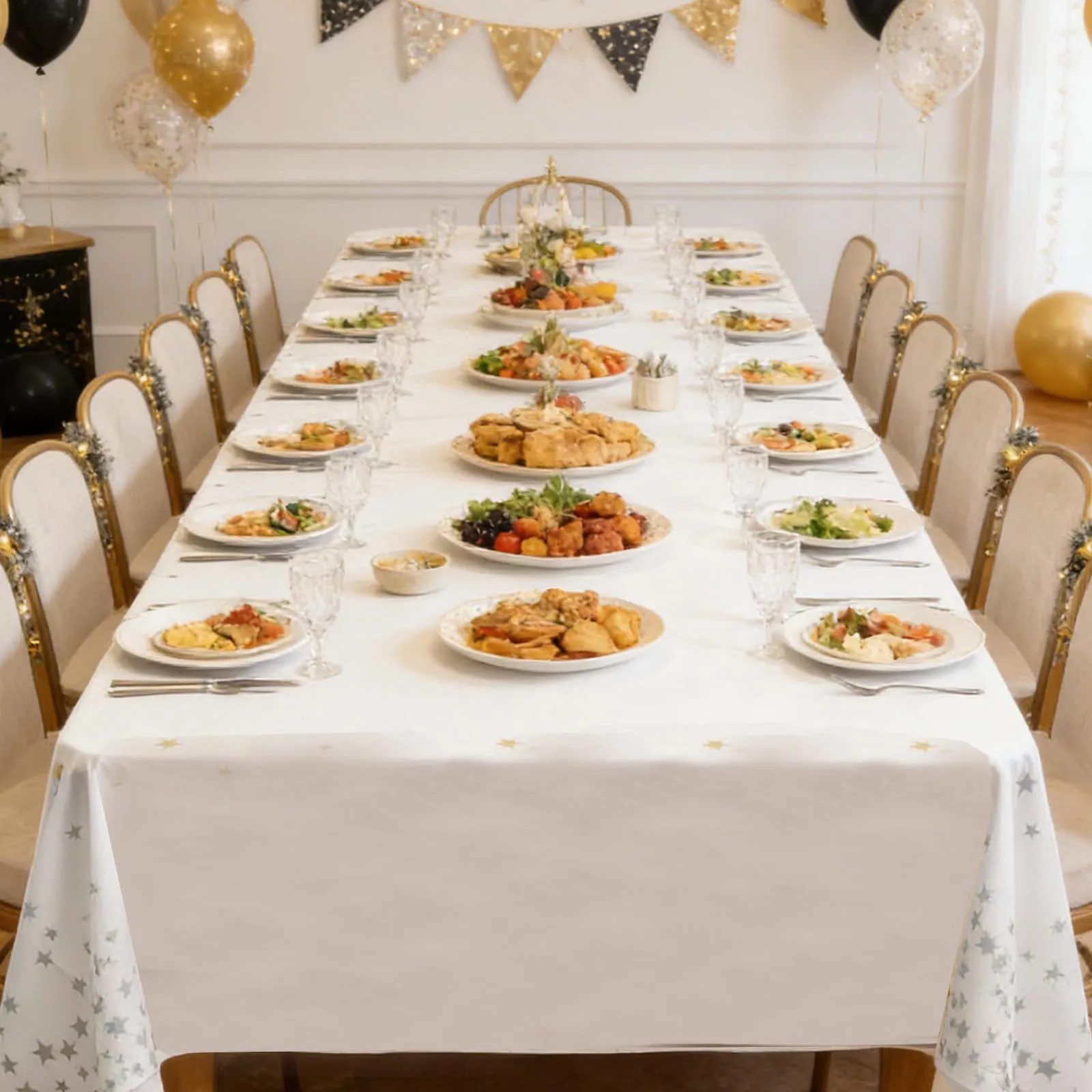 YAAVAAW Tovaglie in Plastica Bianca e Argento a Forma di Stella, 137 x 274 cm, Rettangolari, Usa e Getta, Confezione da 4 - immagine 6