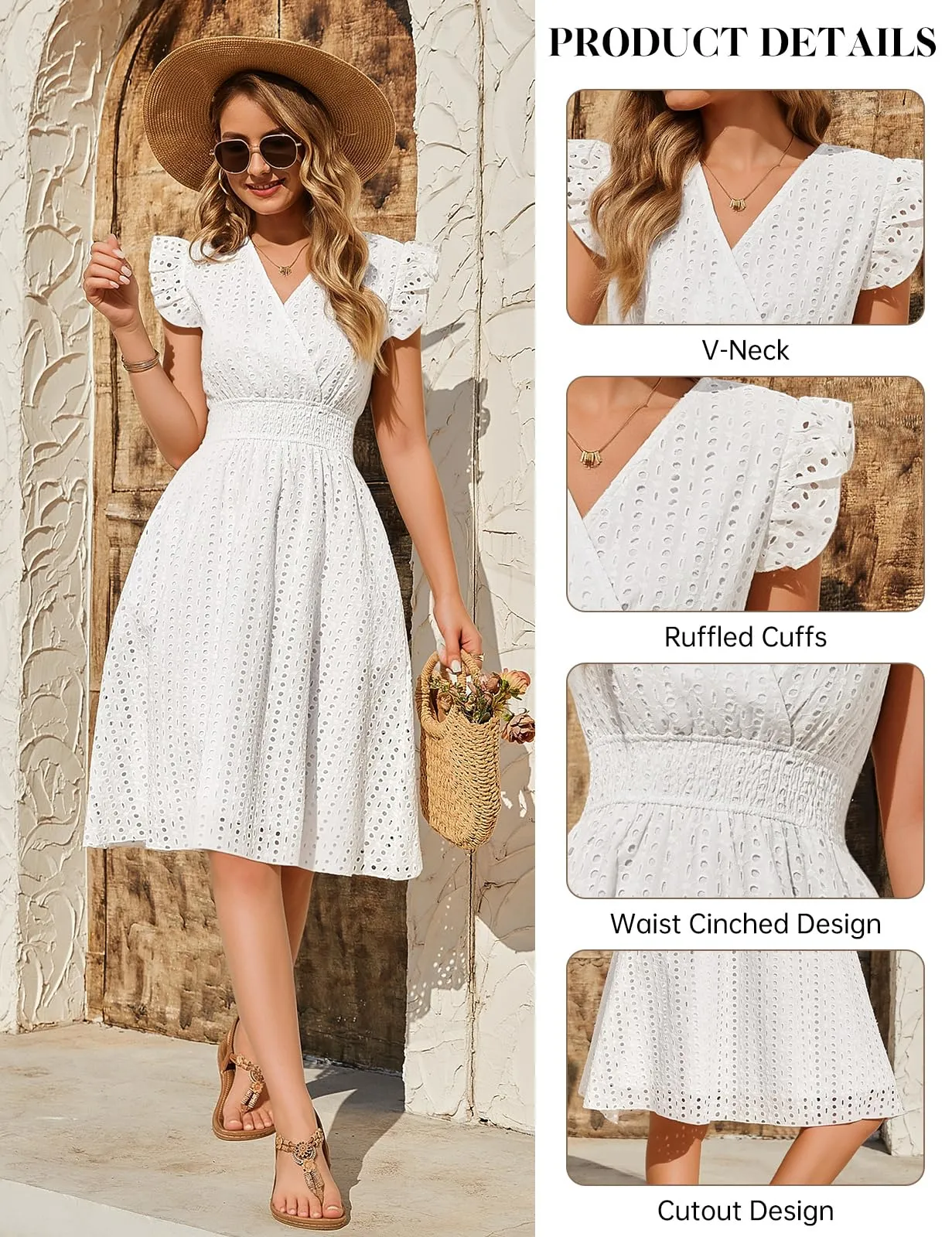 PASUDA Abito Estivo Donna in Cotone Senza Maniche con Scollo a V, Volant e Tasche, Jacquard Bianco, L - immagine 4