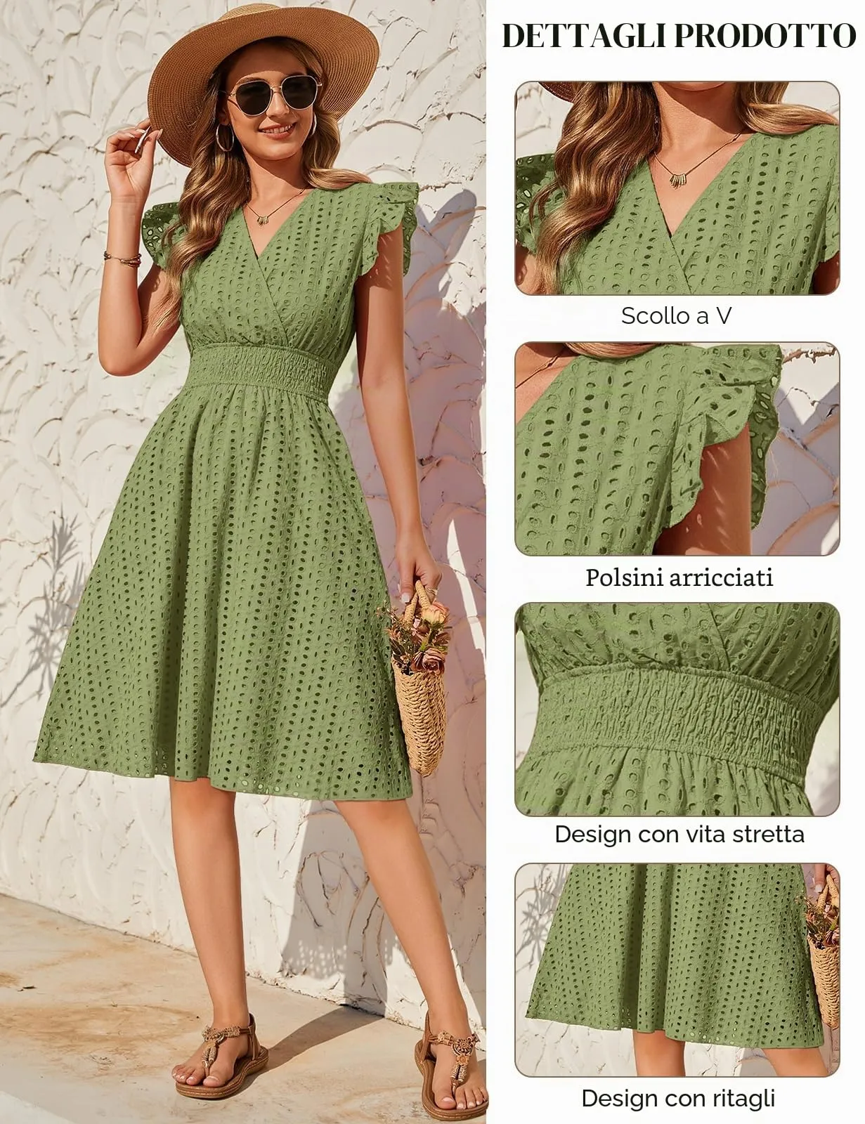 PASUDA Abito Estivo Donna in Cotone Senza Maniche con Scollo a V, Volant e Tasche - Verde Militare, L - immagine 4