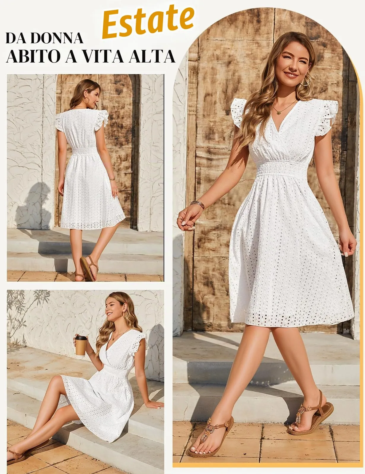 PASUDA Abito Estivo Donna in Cotone Jacquard Scollo a V Senza Maniche con Volant e Tasche, Bianco, M - immagine 3