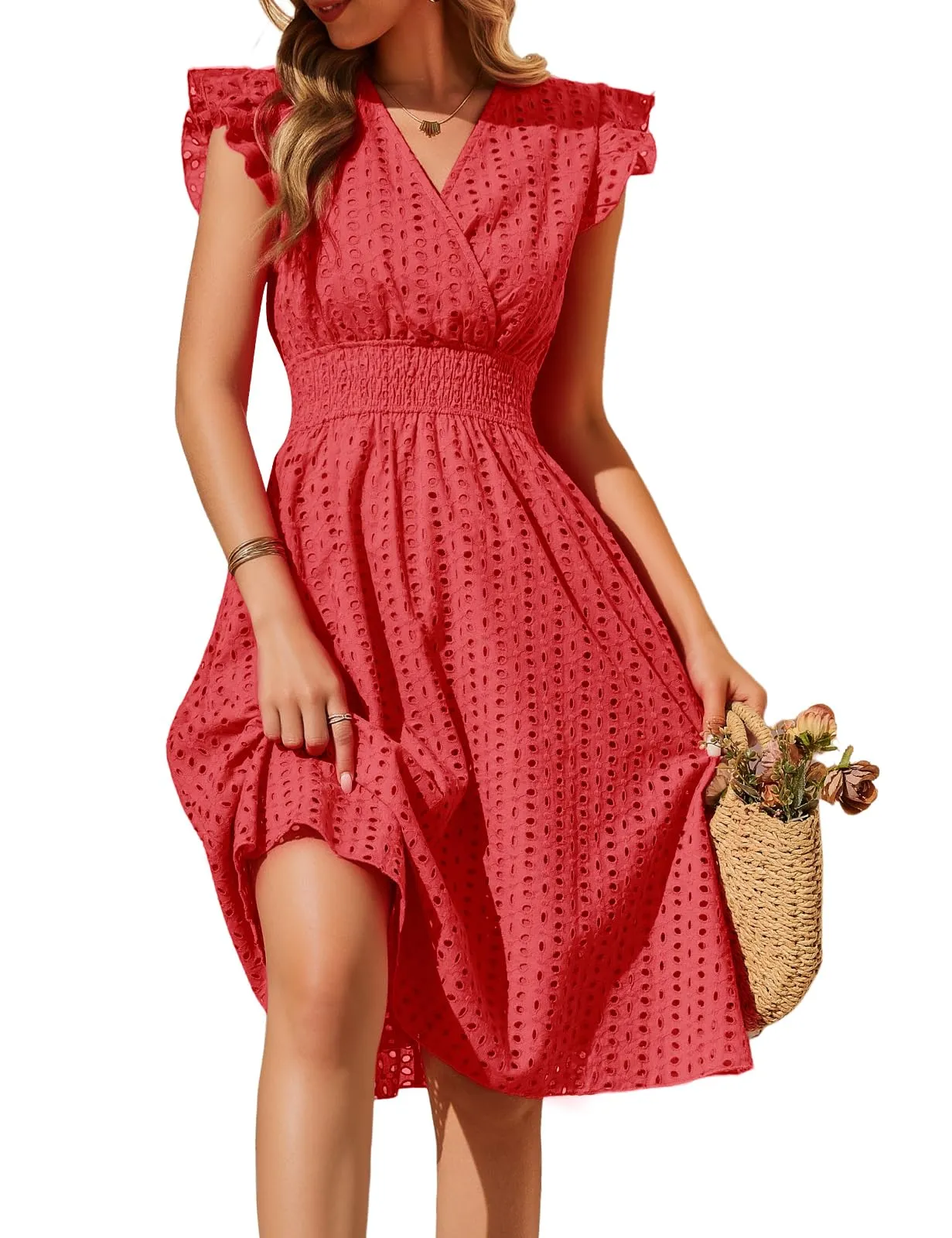 PASUDA Abito Estivo Donna in Cotone Senza Maniche con Scollo a V e Volant, Vestito Corto Jacquard con Tasche (Rosso, XL) - immagine 1