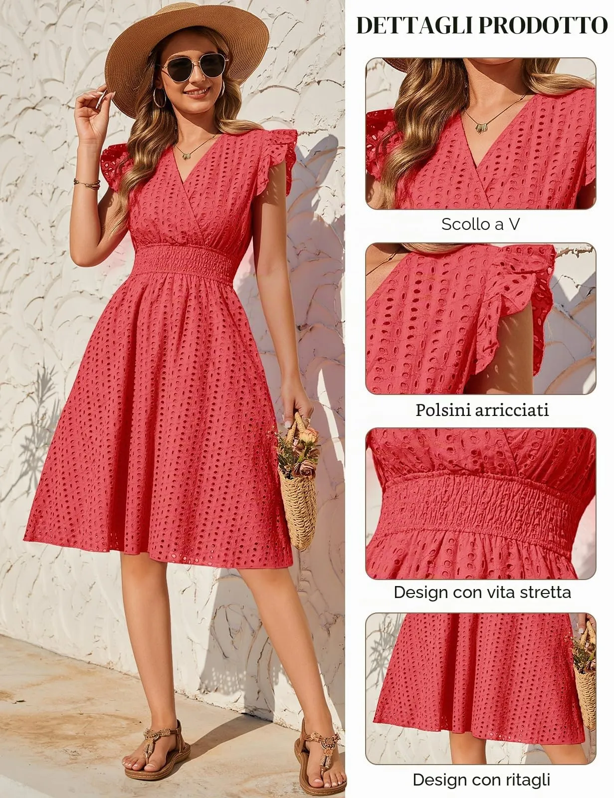 PASUDA Abito Estivo Donna in Cotone Senza Maniche con Scollo a V e Volant, Vestito Corto Jacquard con Tasche (Rosso, XL) - immagine 4