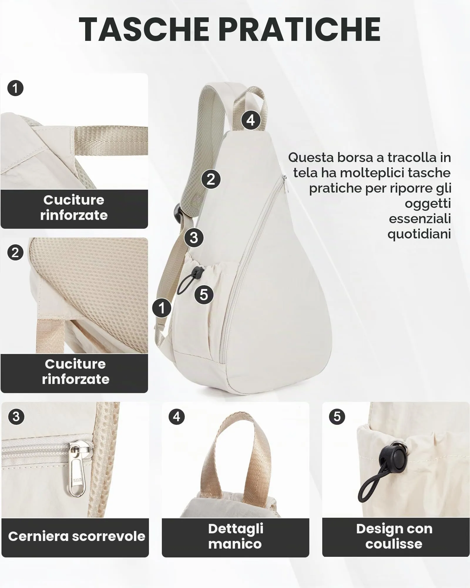 VENATIN Borsa a Tracolla Unisex, Zaino Monospalla Idrorepellente, Bianco - immagine 2