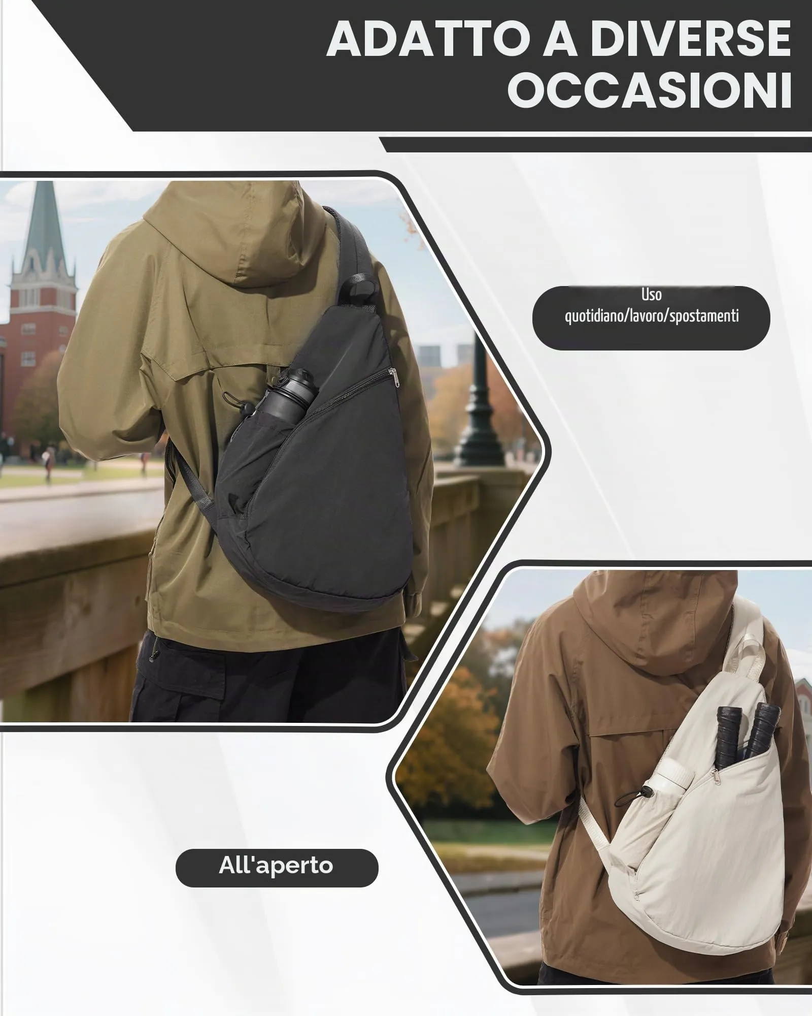 VENATIN Borsa a Tracolla Unisex, Zaino Monospalla Idrorepellente, Bianco - immagine 9