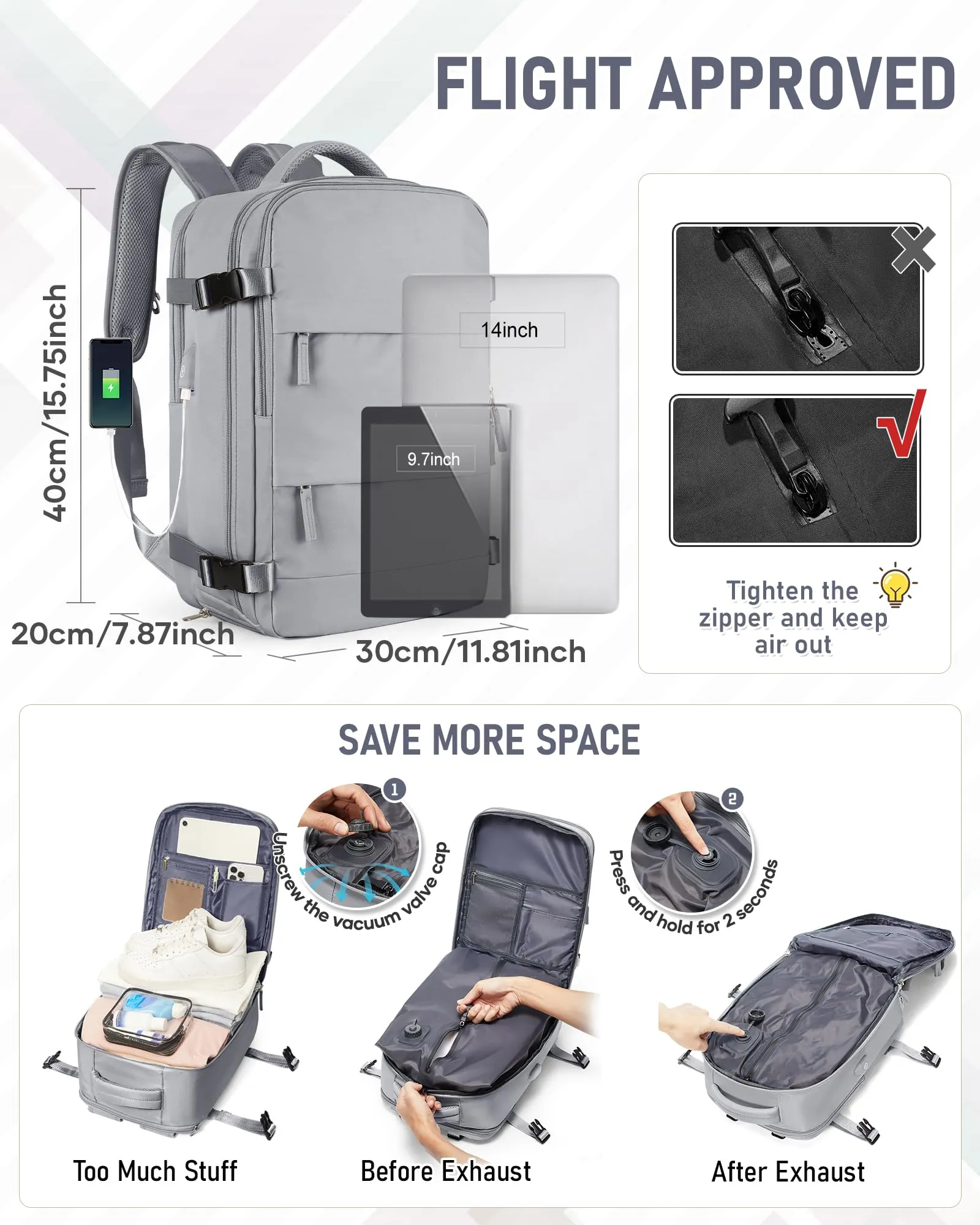 SZLX Zaino da Viaggio Sottovuoto con Pompa 40x30x20 per Ryanair Wizzair Vueling, Borsa da Cabina con Scomparto Scarpe e Porta USB per Laptop 14 Pollici - immagine 4